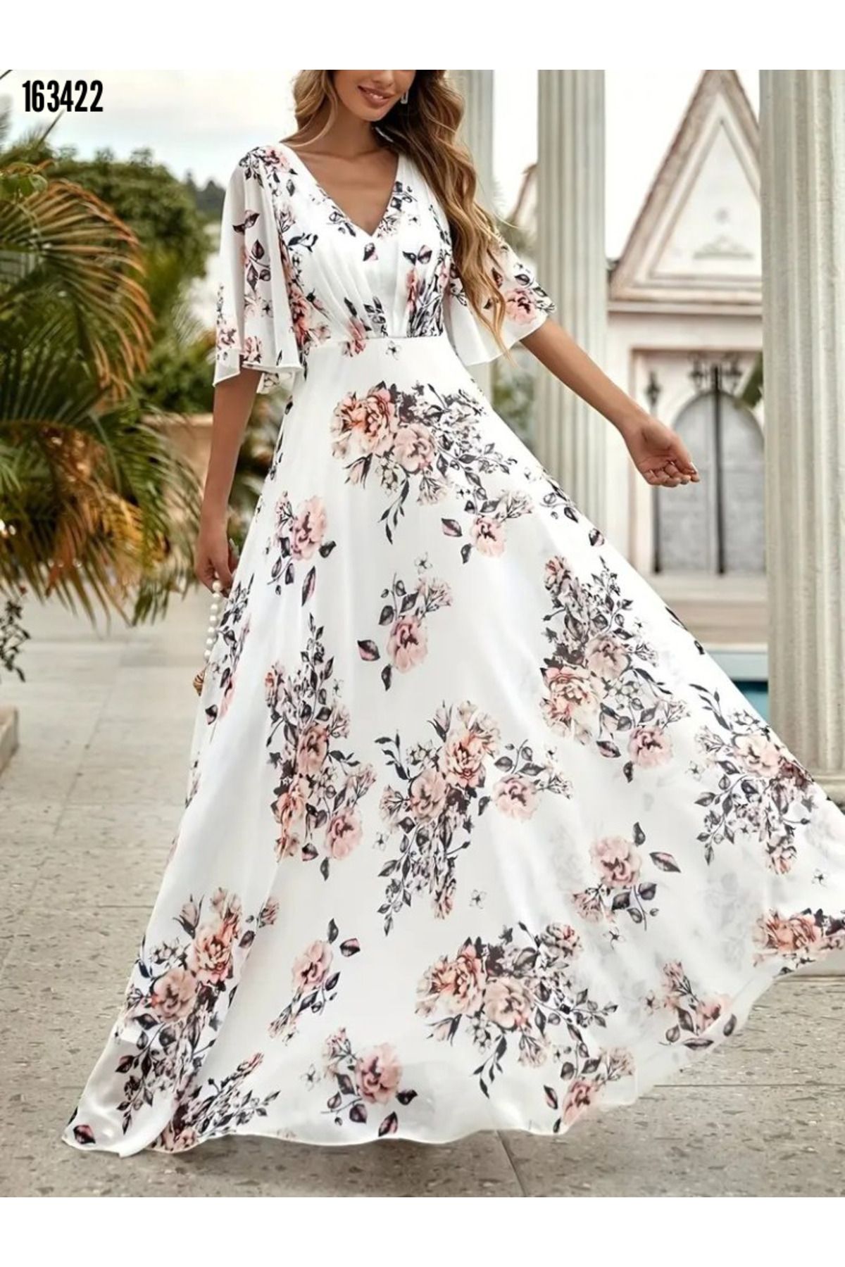moda wanilia Kadın Çiçekli Uzun Yazlık Elbise