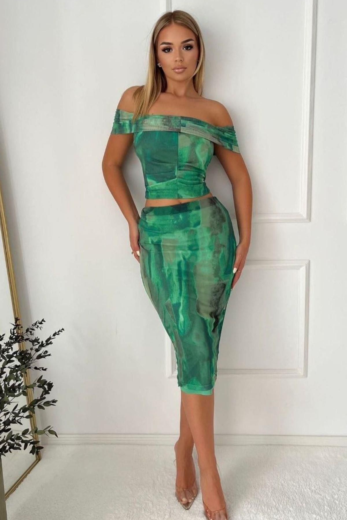 Mossta Desenli Tül Crop Bluz Ve Midi Etek Takım - Yeşil
