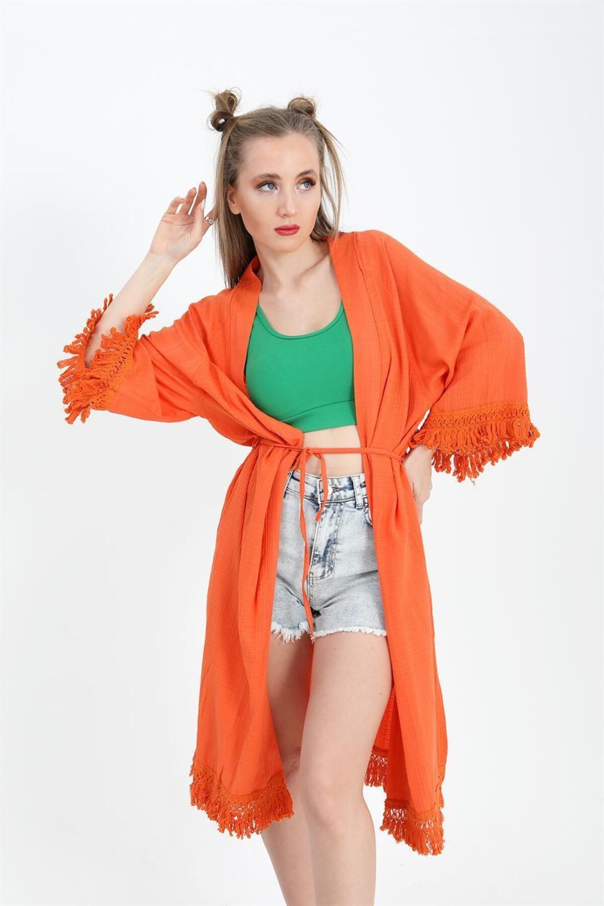 LLOHA Kimono Palmiye Baskılı Püsküllü - Turuncu