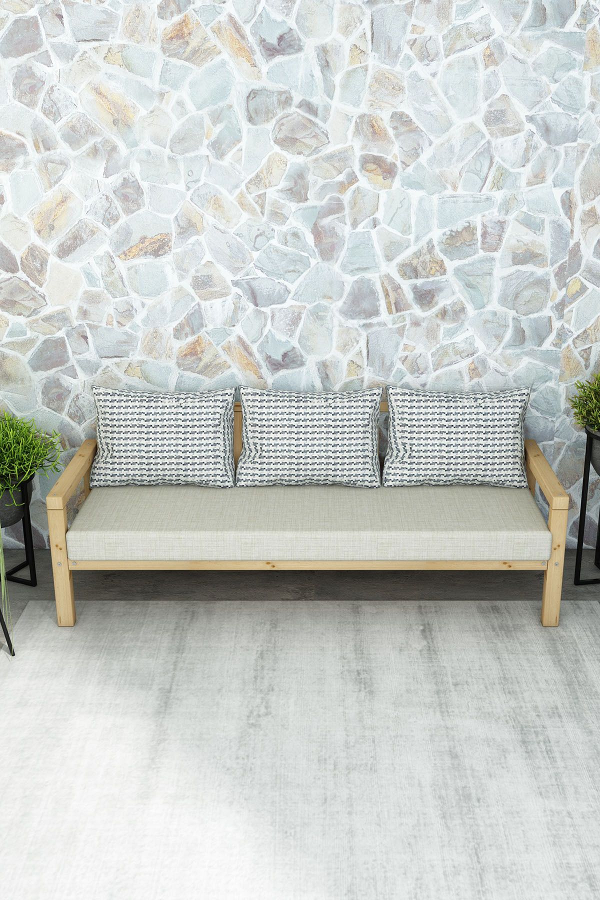 woodwork antalya Rustik Üçlü Ahşap Kanepe Natural Renk