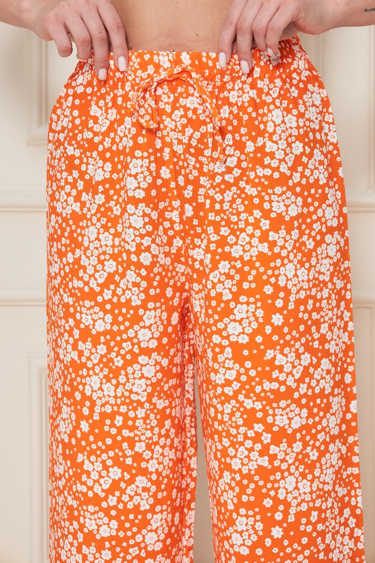 Kutaf-Orange Floral Patterned Summer Trousers with Elastic Waist 8