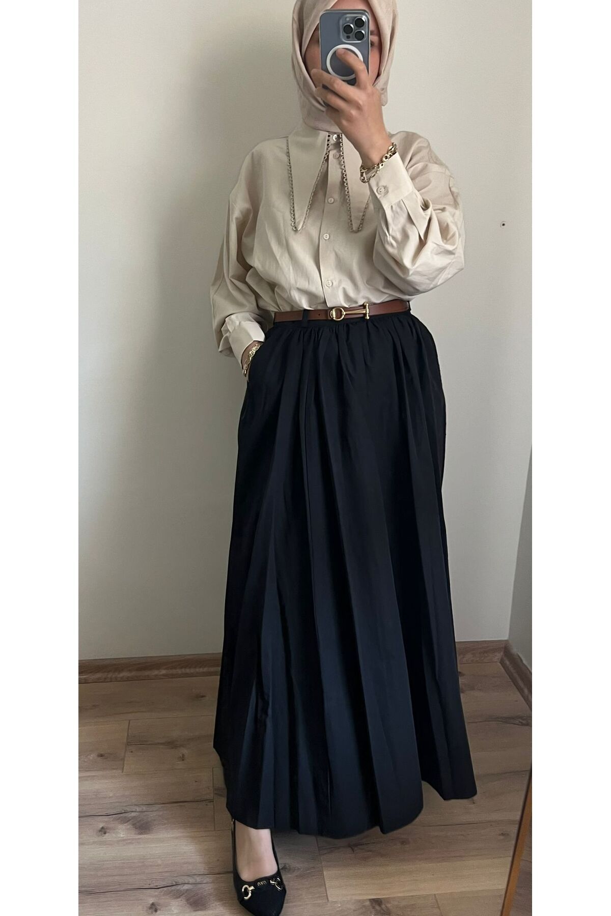 Butik Kemerli Poplin Pileli Etek