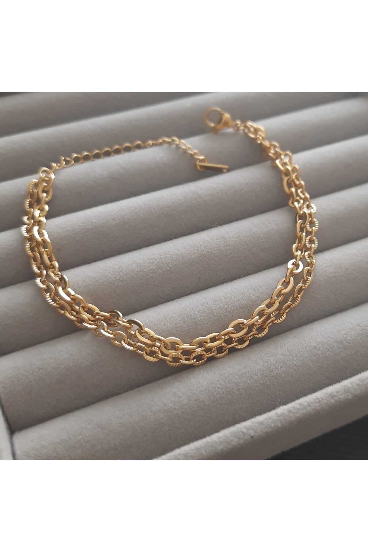Betül Çekiç Çelik 2 Sıra Gold Renk Zincir Kadın Bileklik