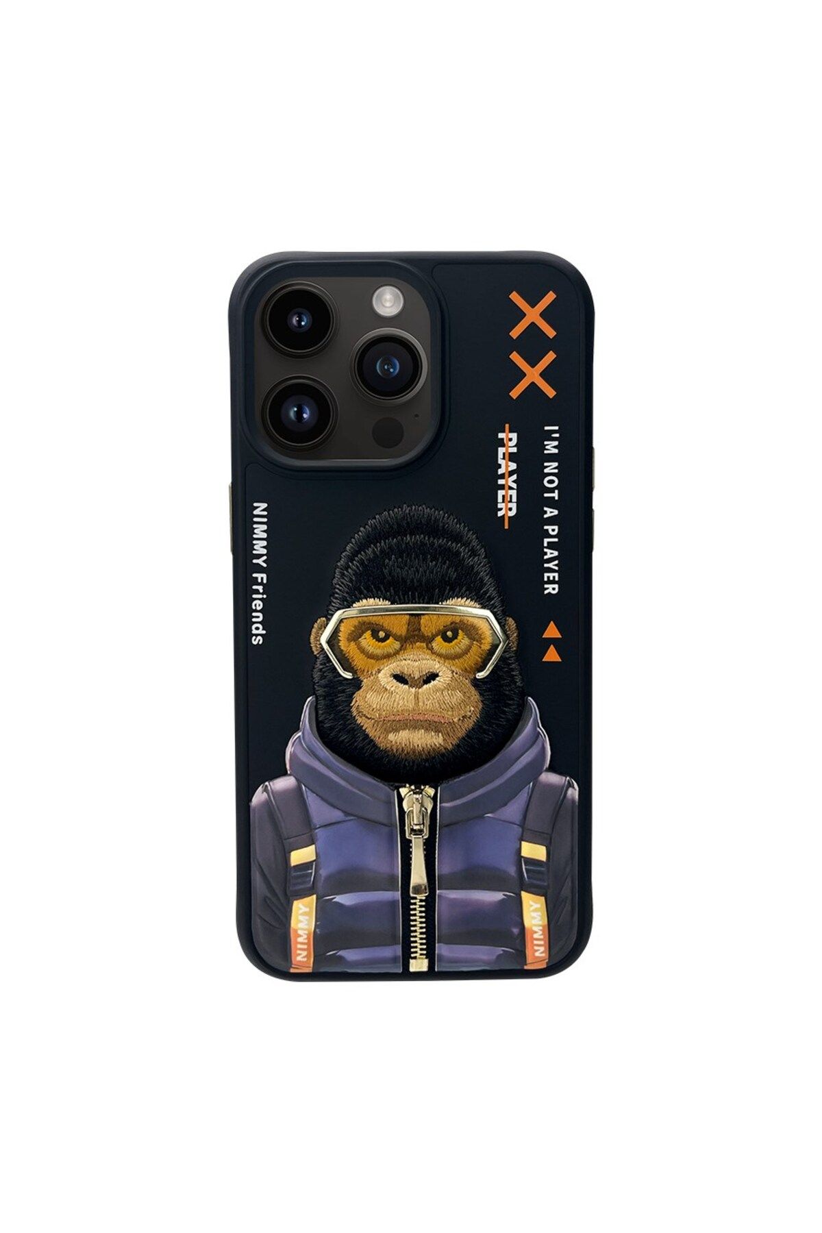 Nimmy iPhone 15 Pro Max Uyumlu 3D Gözlük Fermuar Goril Detaylı Nakış İşlemeli Kabartmalı Cool Cute Kılıf