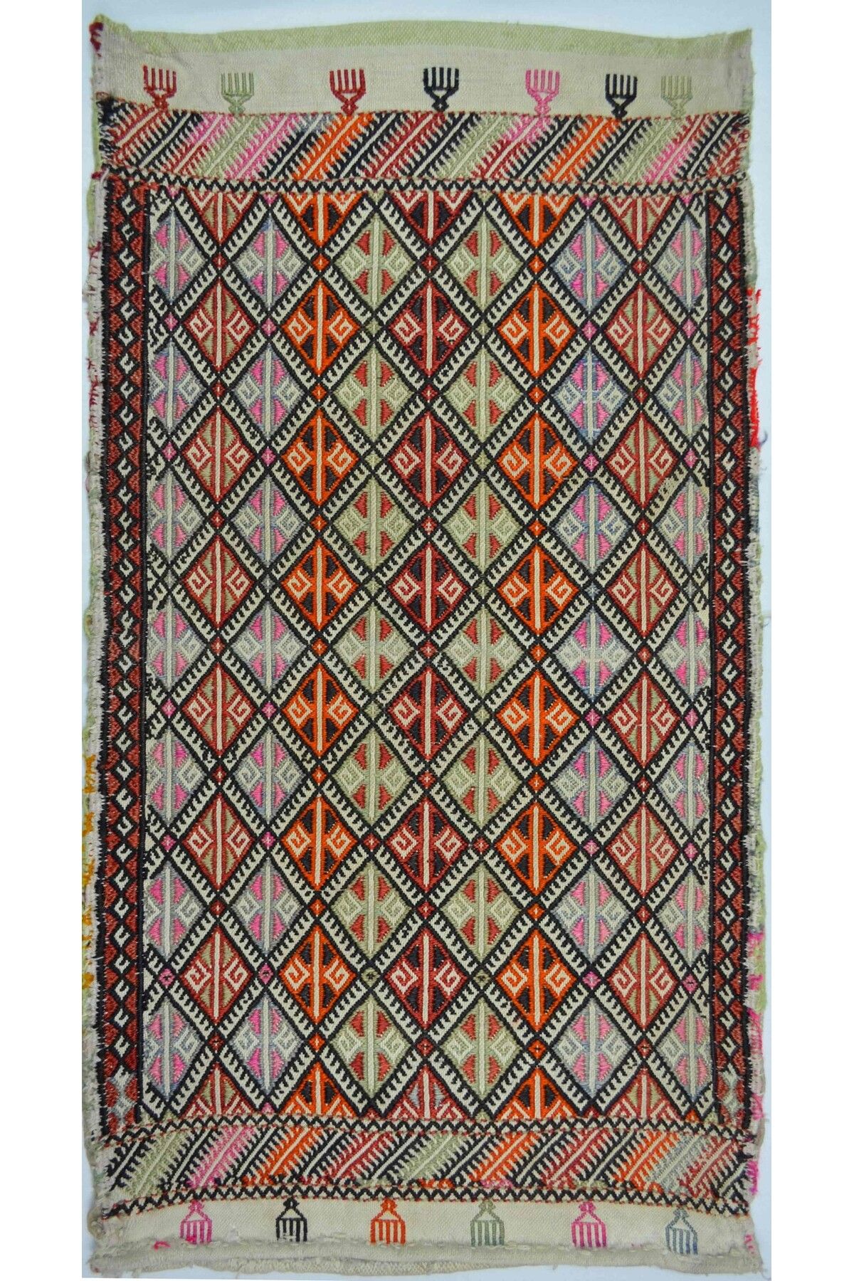 Handmade Vintage Konya Cicim El Dokuma Krem Zeminli Çok Renkli Yün Yastık 60x100 cm (0,60 m²)