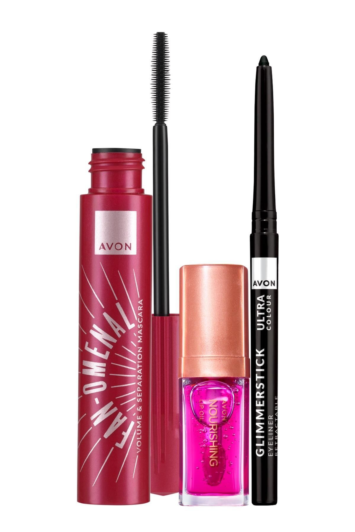 AVON Fan-Omenal Maskara Siyah Göz Kalemi ve Blossom Dudak Yağı Paketi