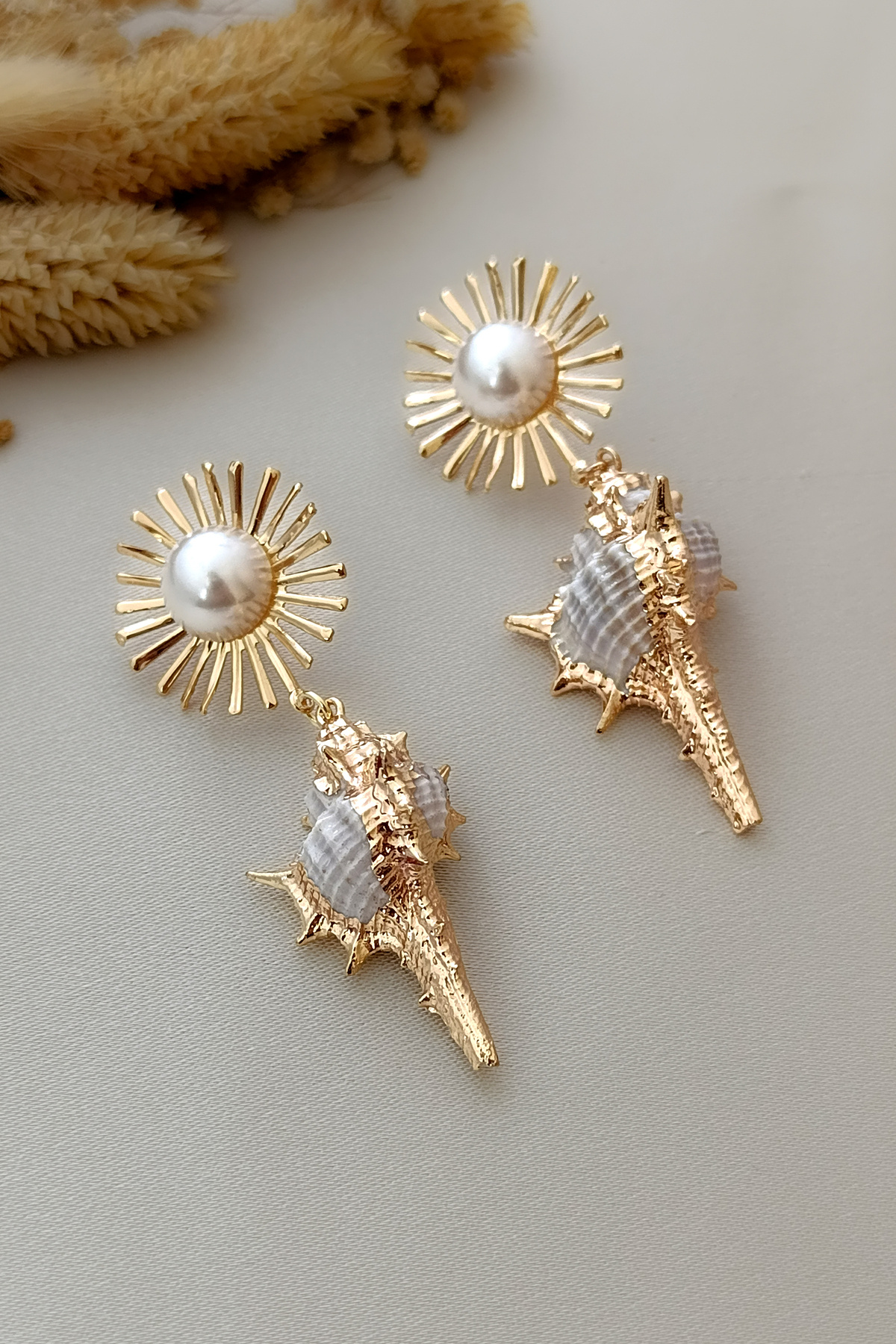 COSİTA-Seashell Gold Sun Figure Large Size Pearl Detail Long Dangle Earrings 6