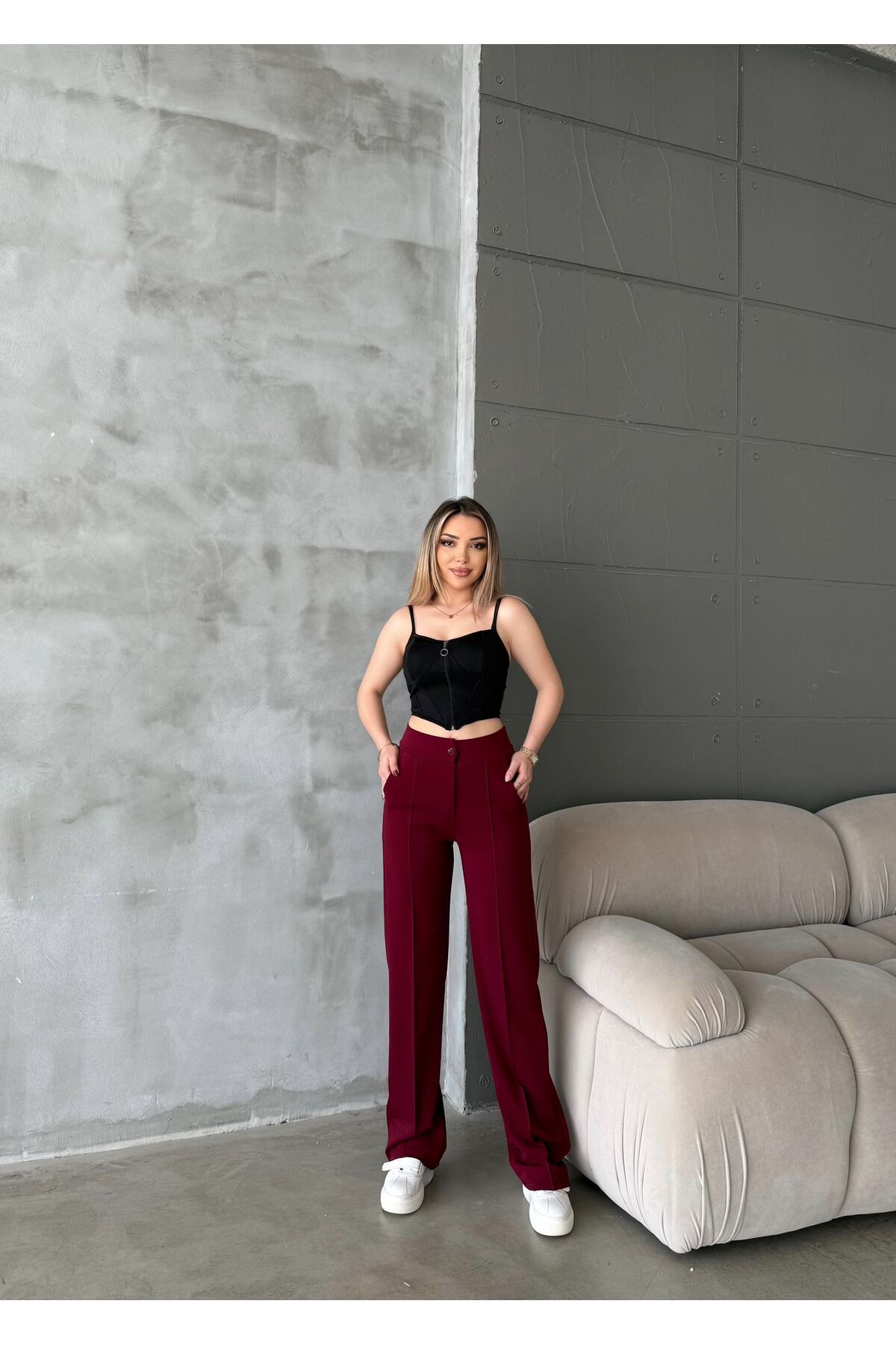 RPT MODA ÖNÜ DİKİŞLİ LİKRALI YÜKSEK BEL PALAZZO PANTOLON