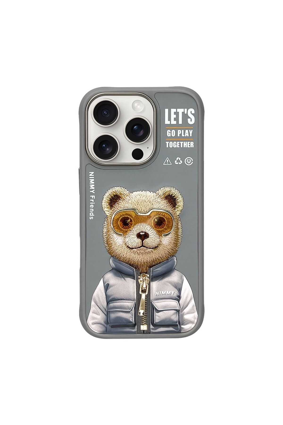 Nimmy iPhone 16 Pro Uyumlu 3D Gözlük Fermuar Ayıcık Detaylı Nakış İşlemeli Kabartmalı Cool Cute Kılıf