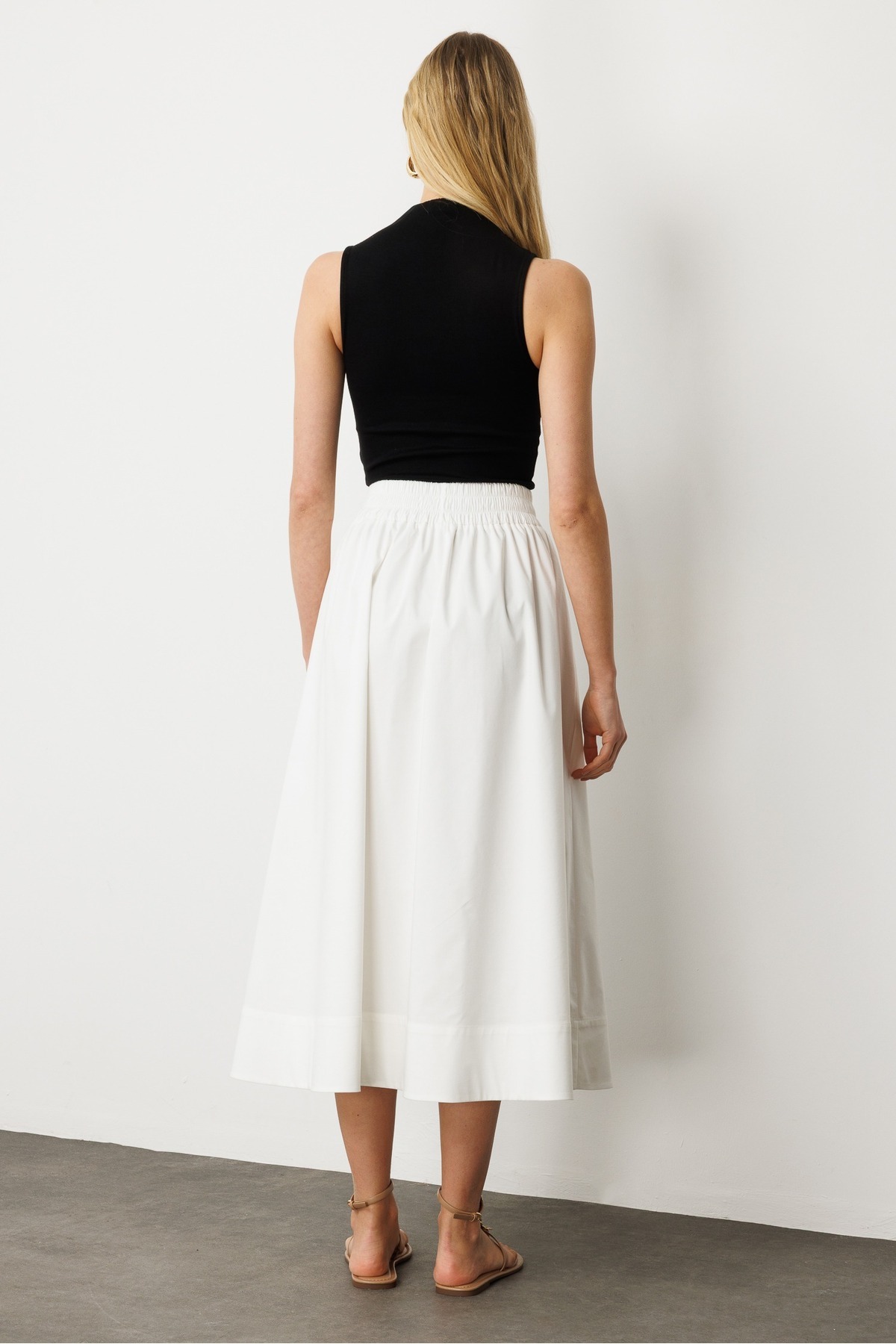 GLENDA  Beyaz Bel Lastikli Ve Cepli Astarlı Midi Etek - Görsel 3