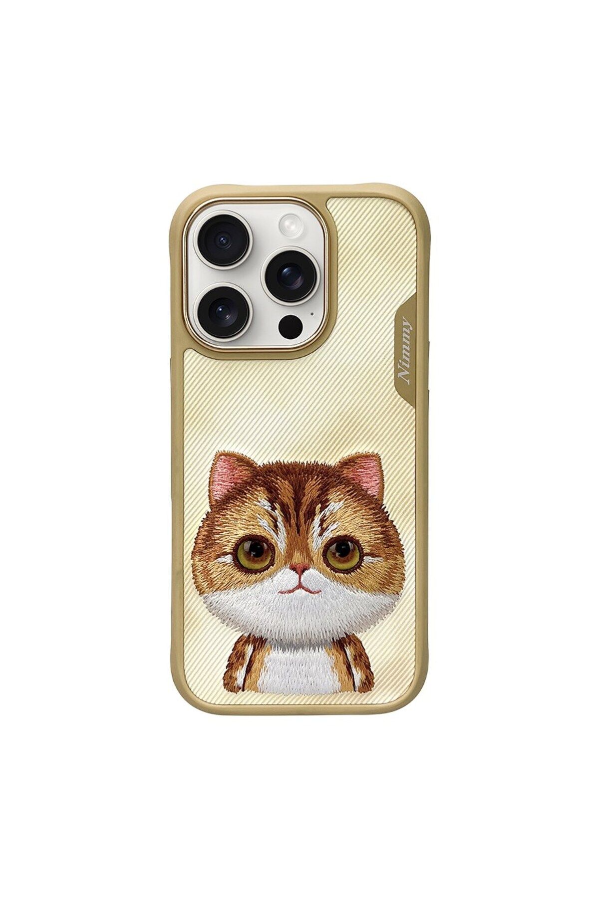 Nimmy iPhone 16 Pro Max Uyumlu 3D Göz Golden Kedi Detaylı Gerçek Nakış İşlemeli Kabartmalı Big Eyes Kılıf