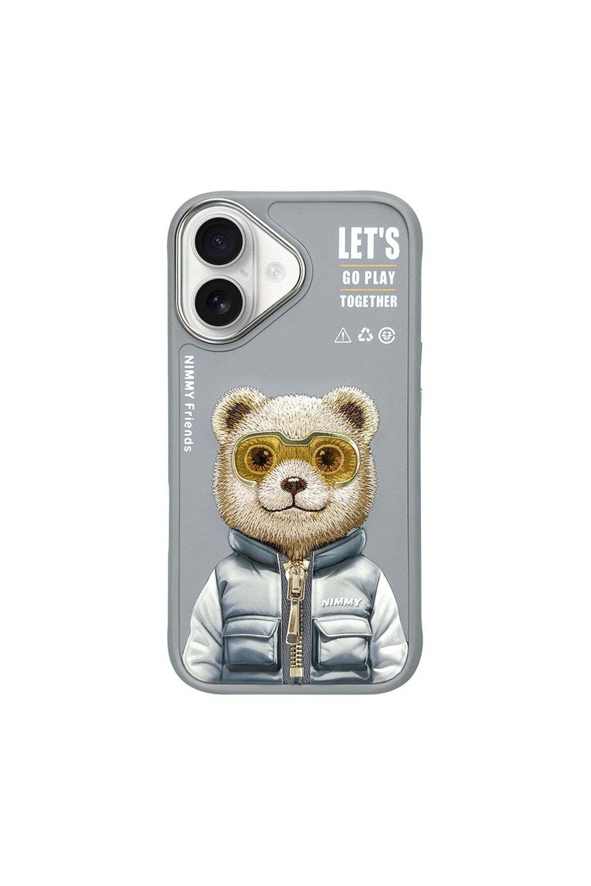 Nimmy iPhone 16 Uyumlu 3D Gözlük Fermuar Ayıcık Detaylı Nakış İşlemeli Kabartmalı Cool Cute Kılıf