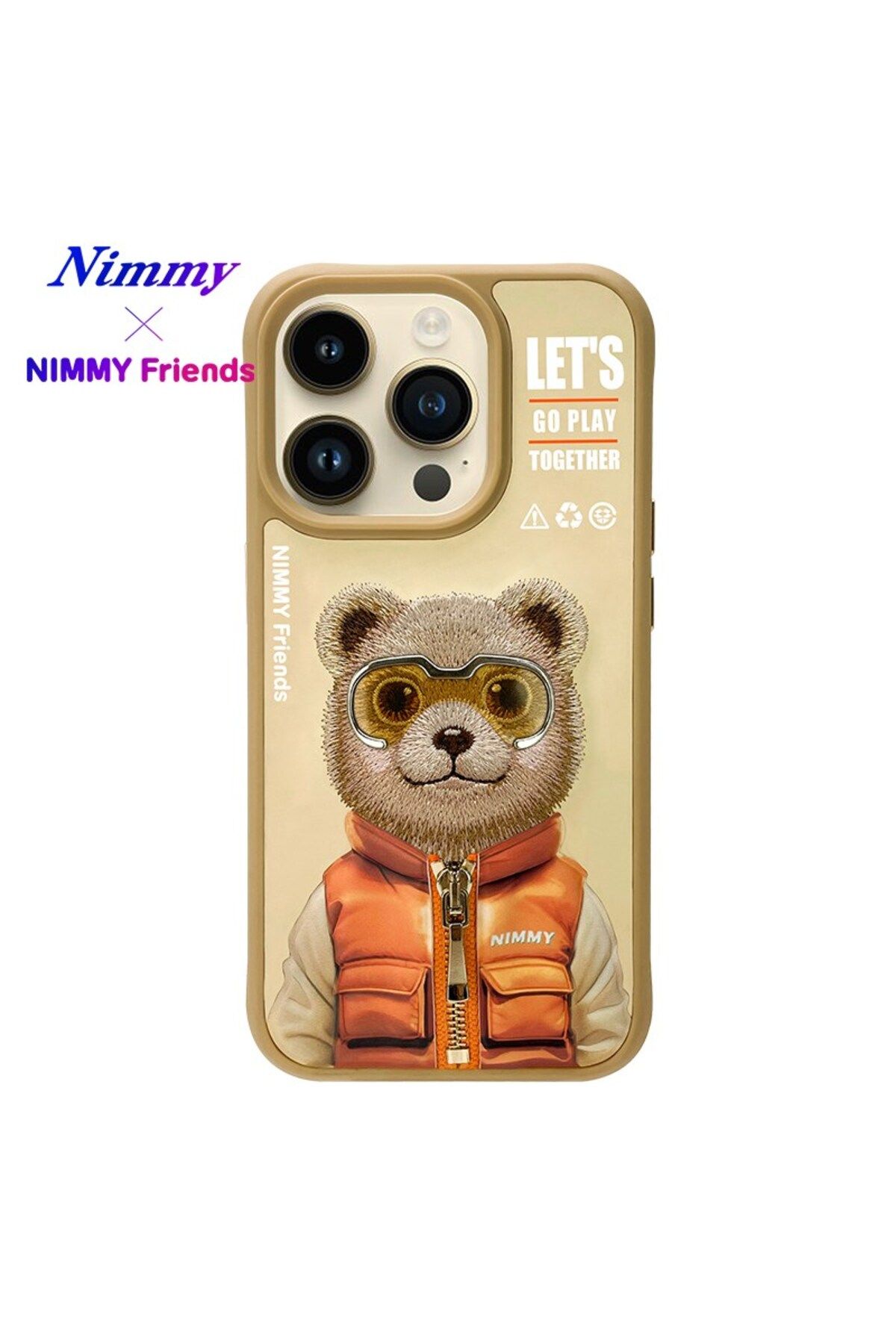 Nimmy iPhone 15 Pro Uyumlu 3D Gözlük Fermuar Ayıcık Detaylı Nakış İşlemeli Kabartmalı Cool Cute Kılıf