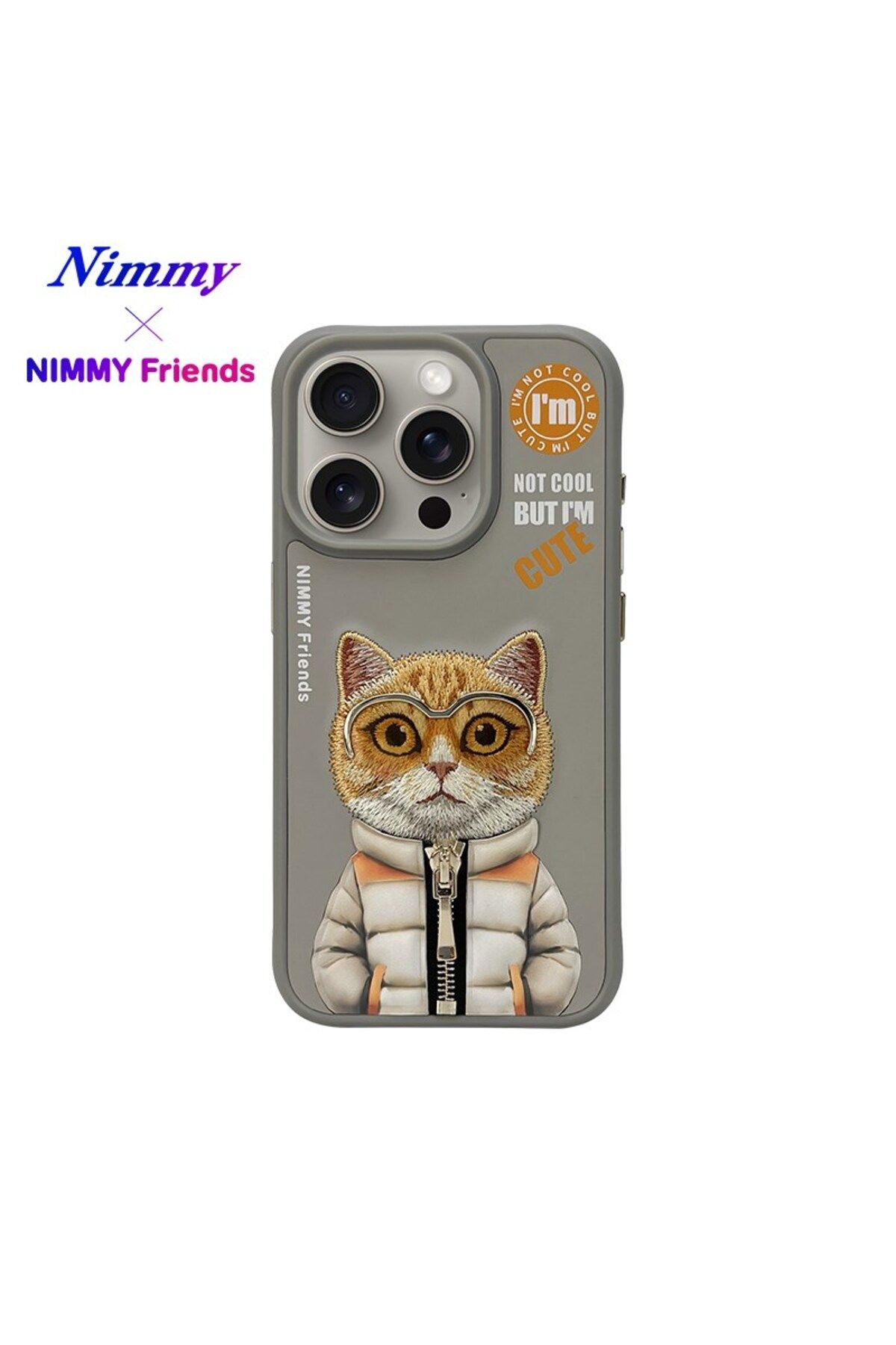 Nimmy iPhone 15 Pro Uyumlu 3D Gözlük Fermuar Hipster Kedi Nakış İşlemeli Kabartmalı Cool Cute Kılıf