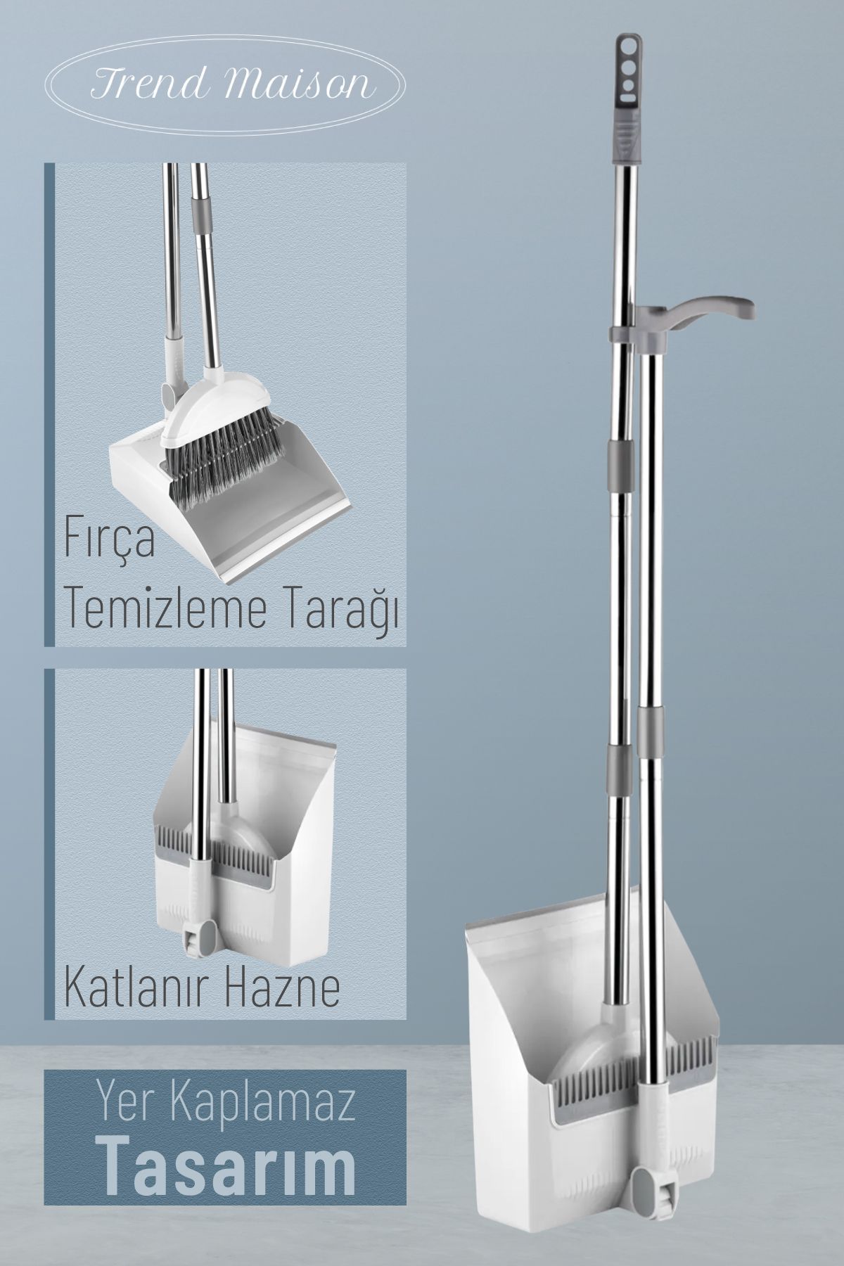 Trend Maison Katlanabilir Tüy Toplayıcı Taraklı Süpürge Faraş Temizlik Seti Paslanmaz Çelik Saplı - Beyaz