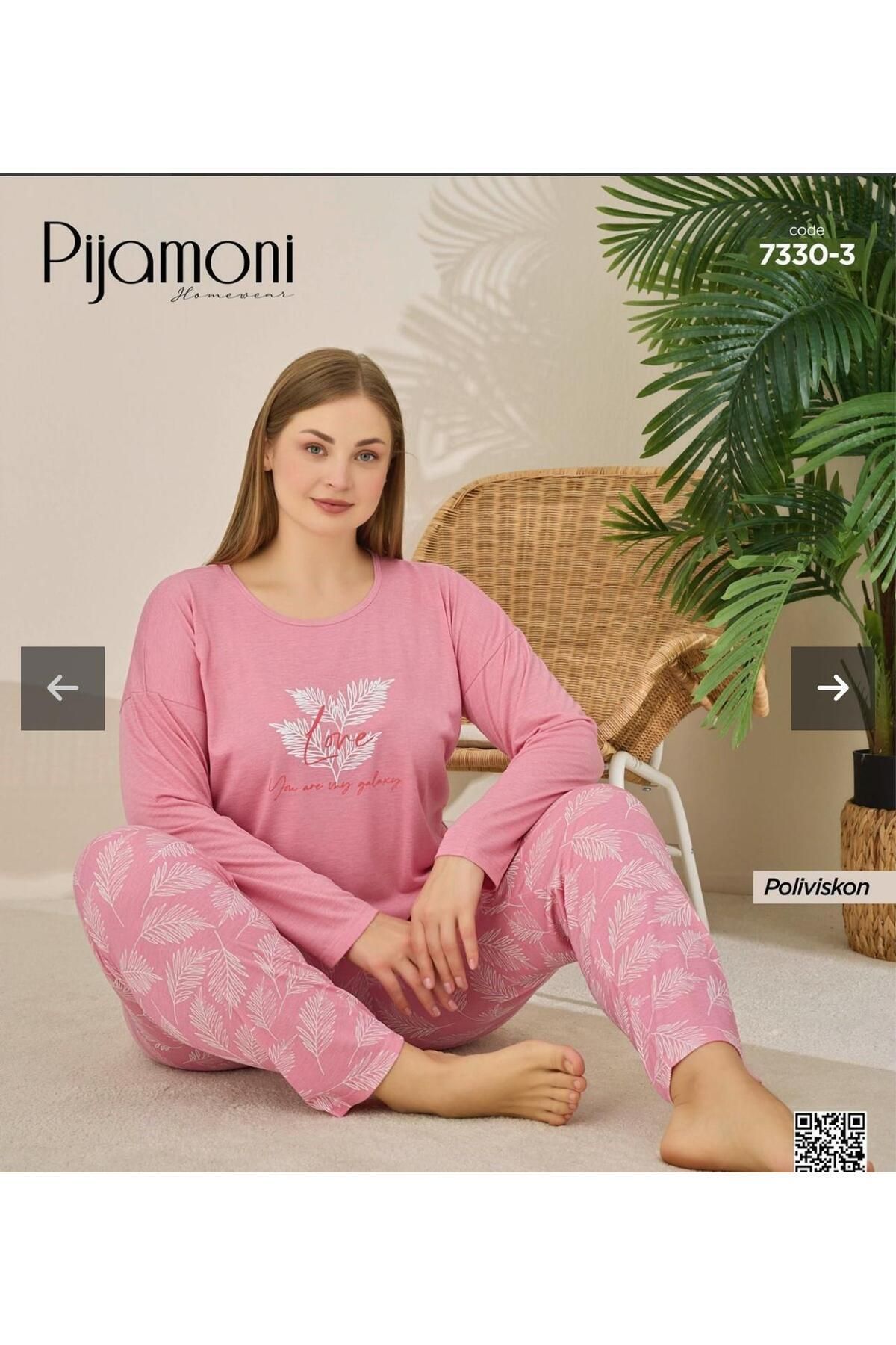 Pijamoni HER MEVSİME UYGUN PEMBE RENK BÜYÜK BEDEN PİJAMA TAKIMI