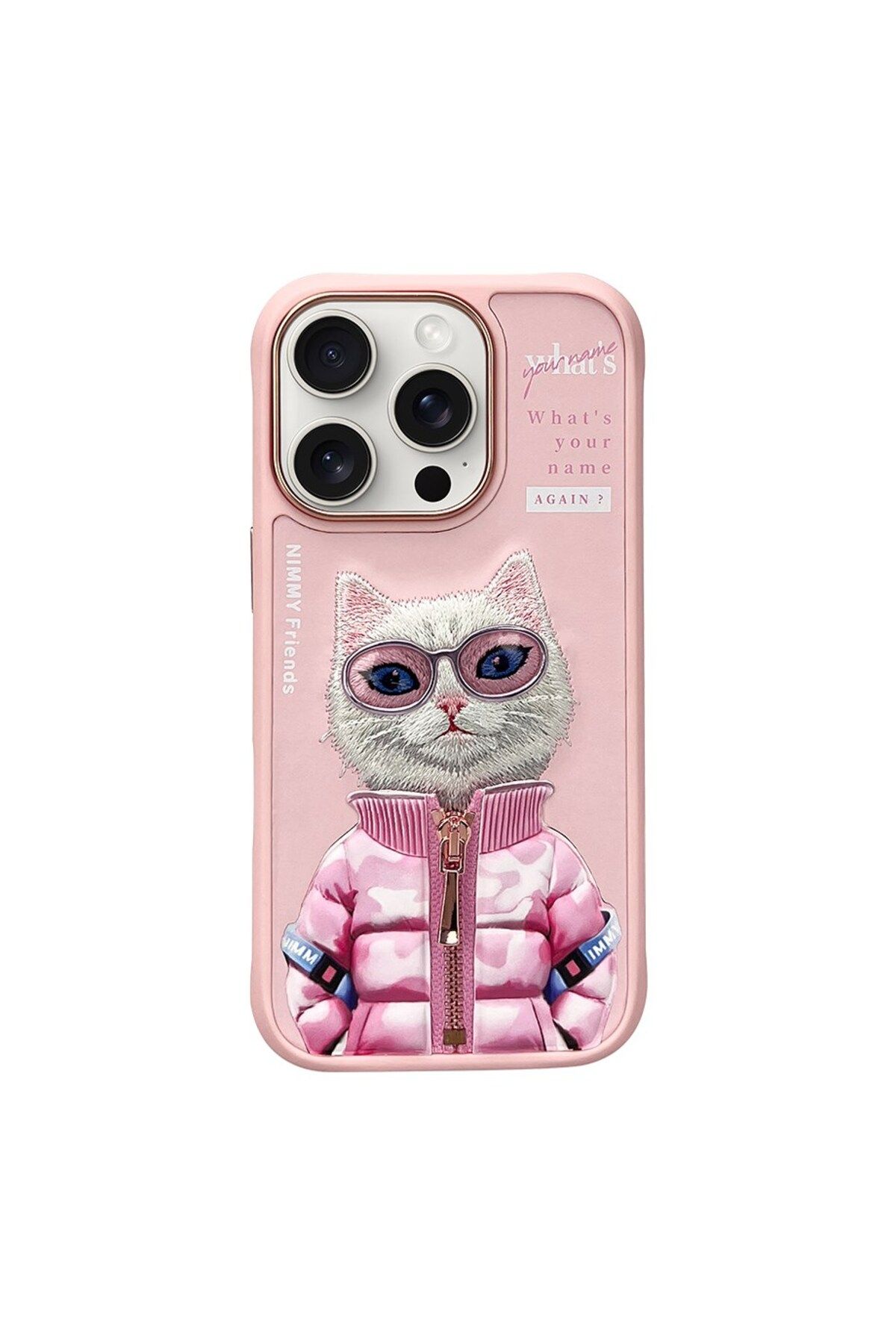 Nimmy iPhone 16 Pro Uyumlu 3D Gözlük Fermuar Beauty Kedi Nakış İşlemeli Kabartmalı Cool Cute Kılıf