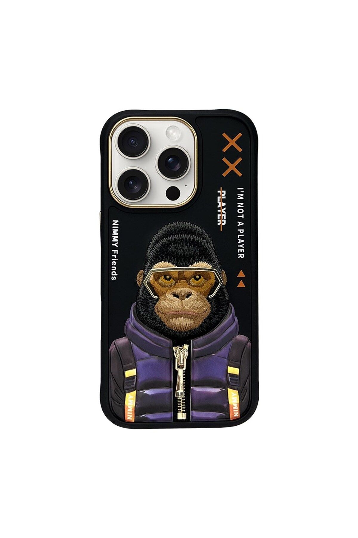 Nimmy iPhone 16 Pro Uyumlu 3D Gözlük Fermuar Goril Detaylı Nakış İşlemeli Kabartmalı Cool Cute Kılıf