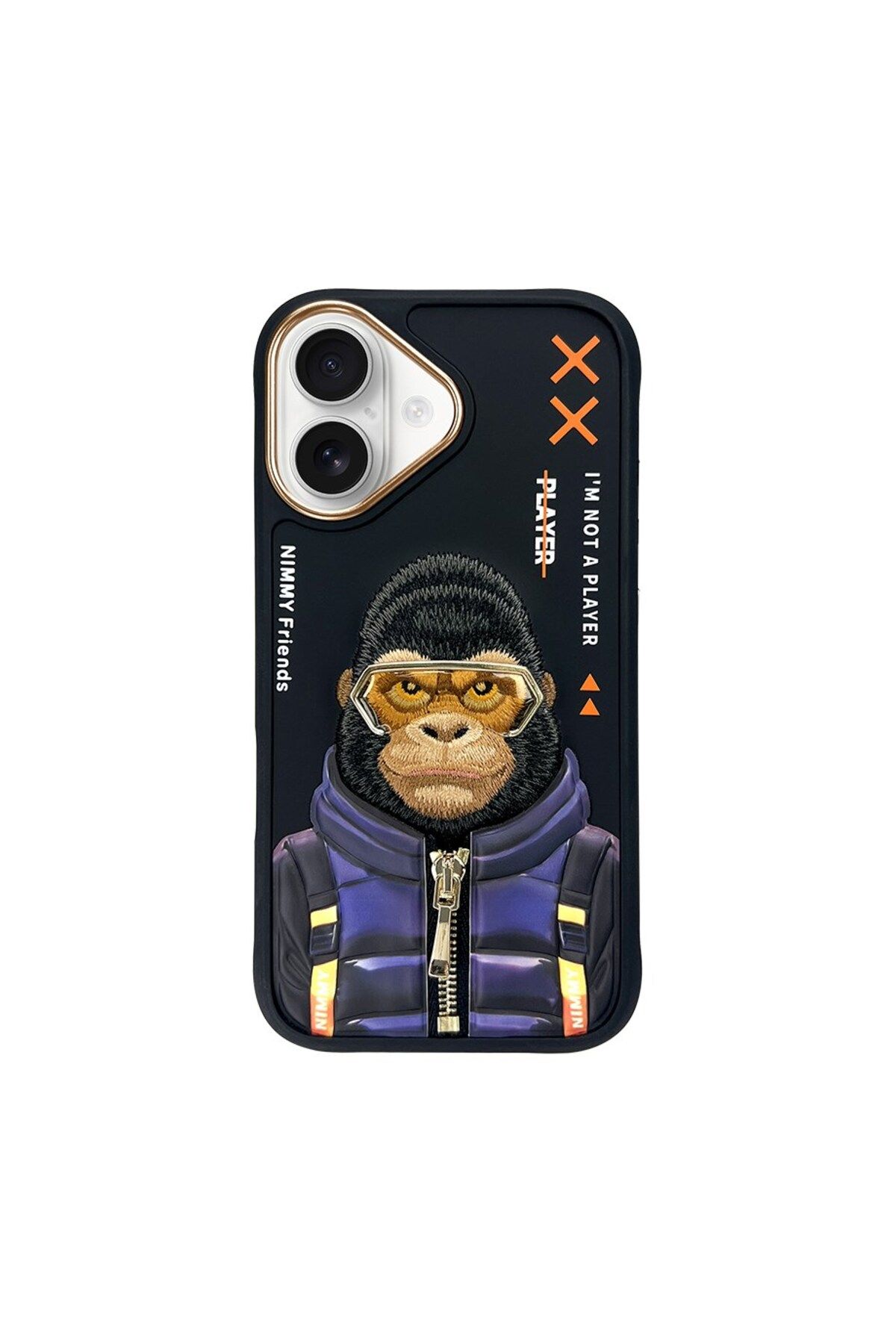 Nimmy iPhone 16 Uyumlu 3D Gözlük Fermuar Goril Detaylı Nakış İşlemeli Kabartmalı Cool Cute Kılıf