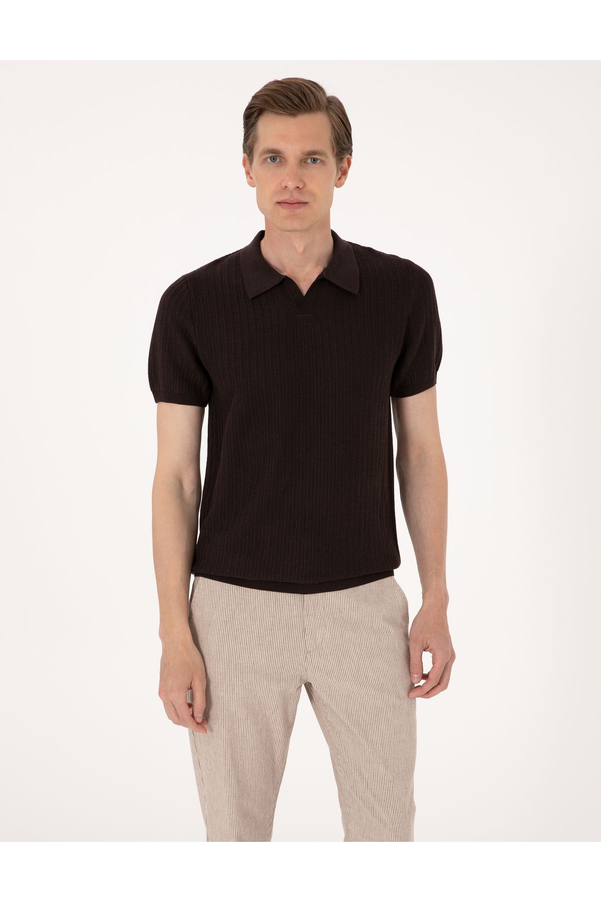 Pierre Cardin Kahverengi Slim Fit Keten Karışımlı Polo Yaka Triko Tişört 50305972-VR029