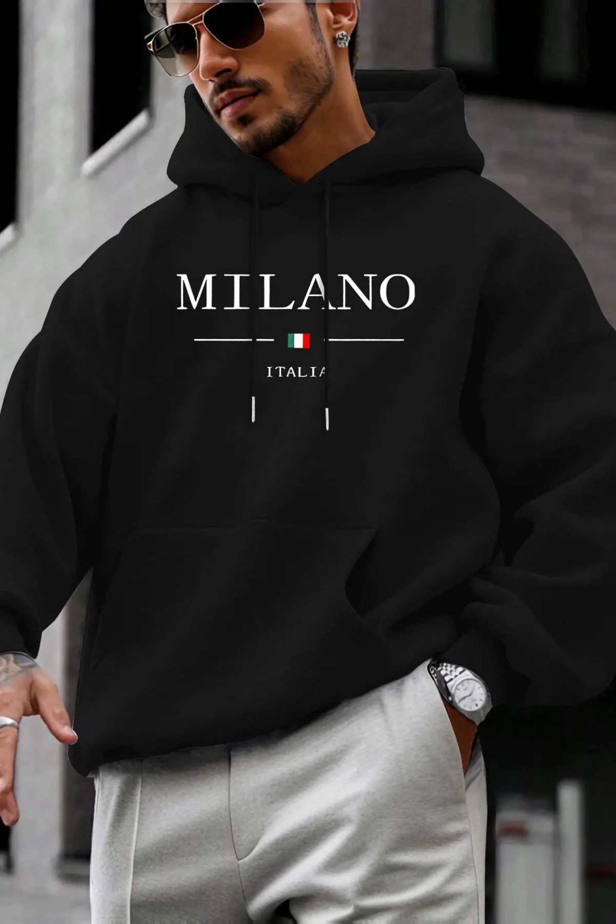 GBRO Unisex Milano Baskılı Üç İplik Kapşonlu Oversize Swatshirt