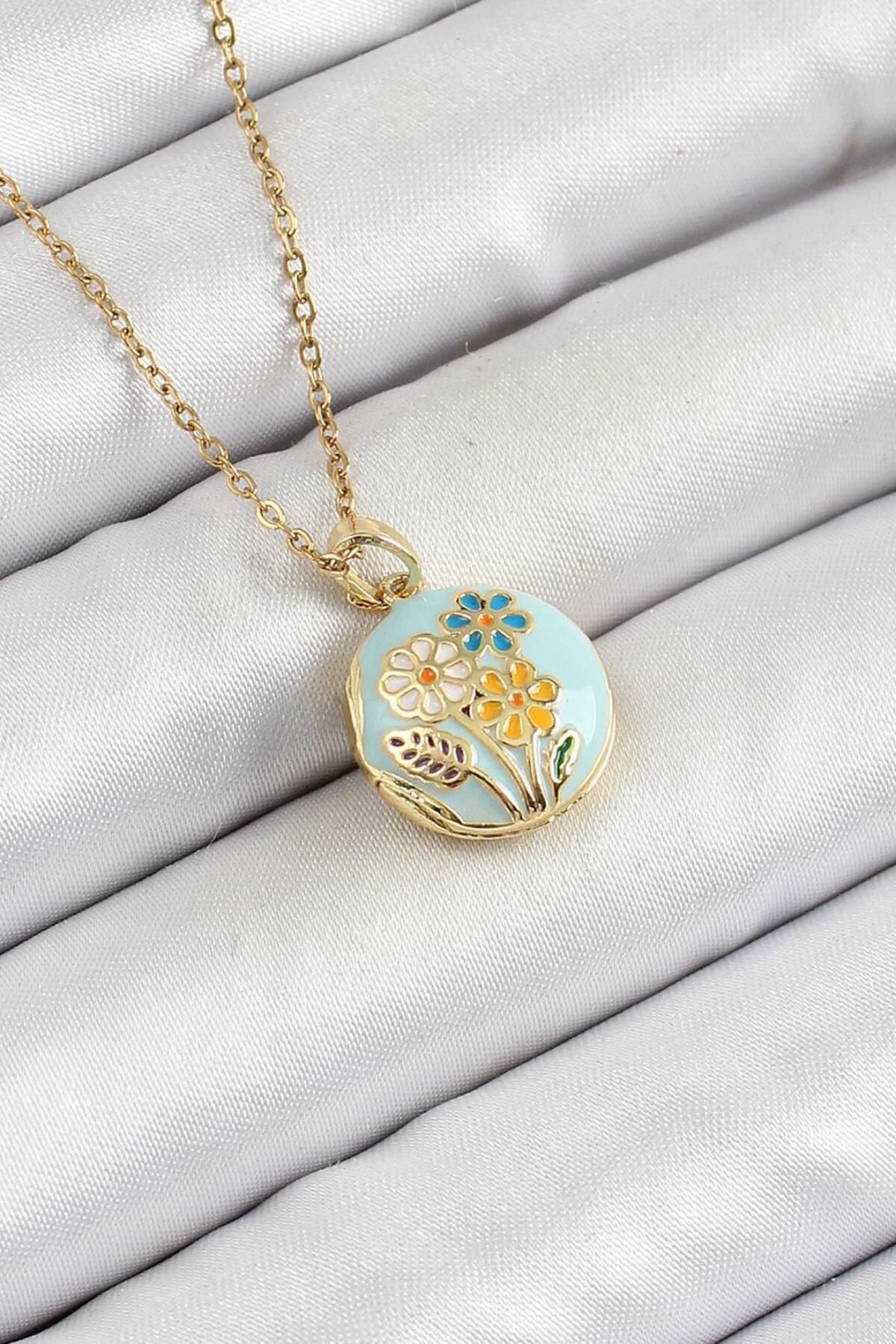 AfraBeauty 925 Ayar Paslanmaz Çelik Zincir Açılabilir Sanatsal Vintage Çiçek Model Gold Renk Kadın Kolye