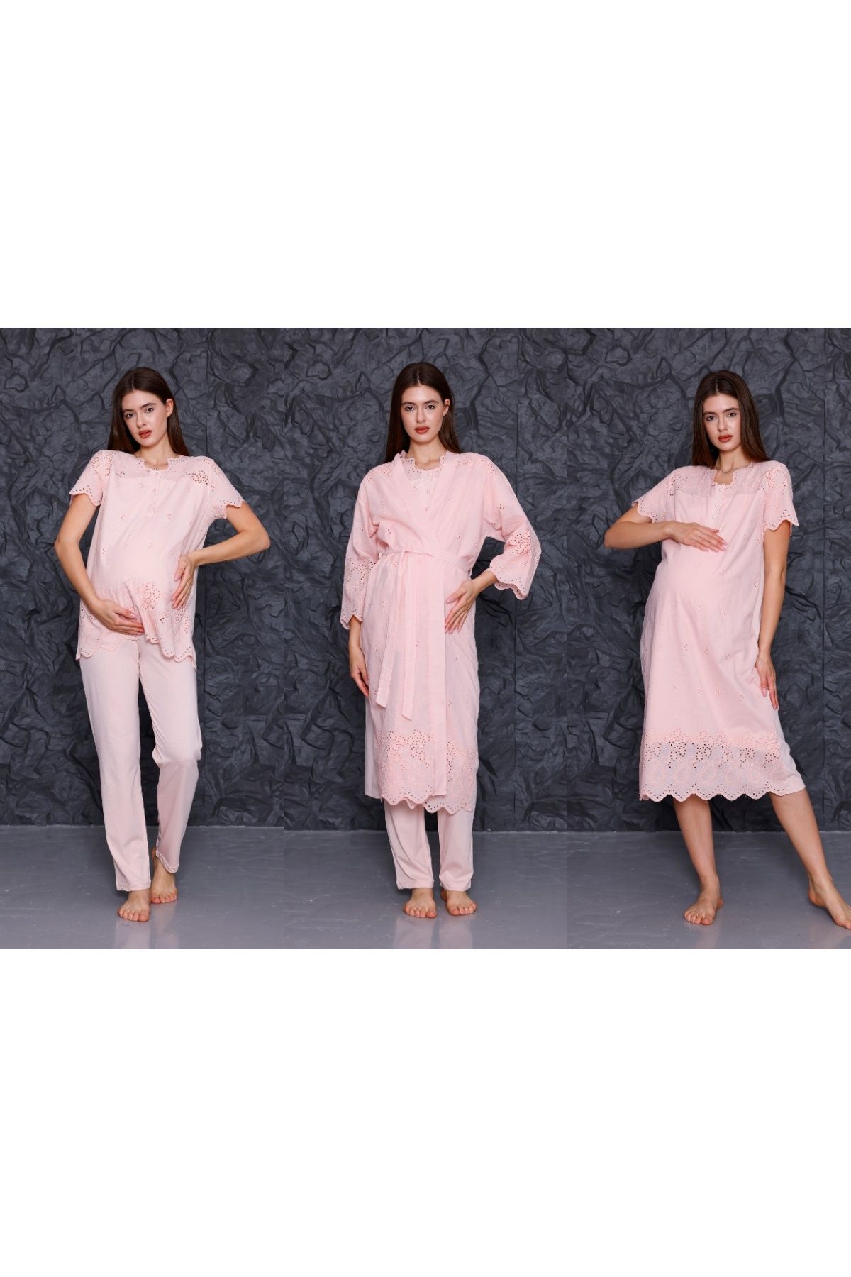 Yulem Homewear Pudra Fisto Keten Yazlık Lohusa Hamile Gecelik-Sabahlık, Pijama Takım 4'lü Set