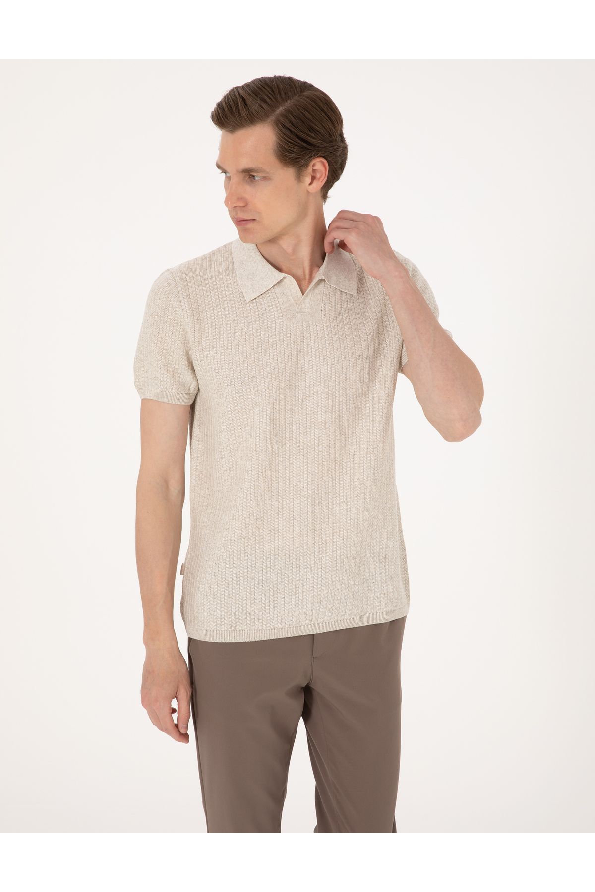 Pierre Cardin Bej Slim Fit Keten Karışımlı Polo Yaka Triko Tişört 50305972-VR011