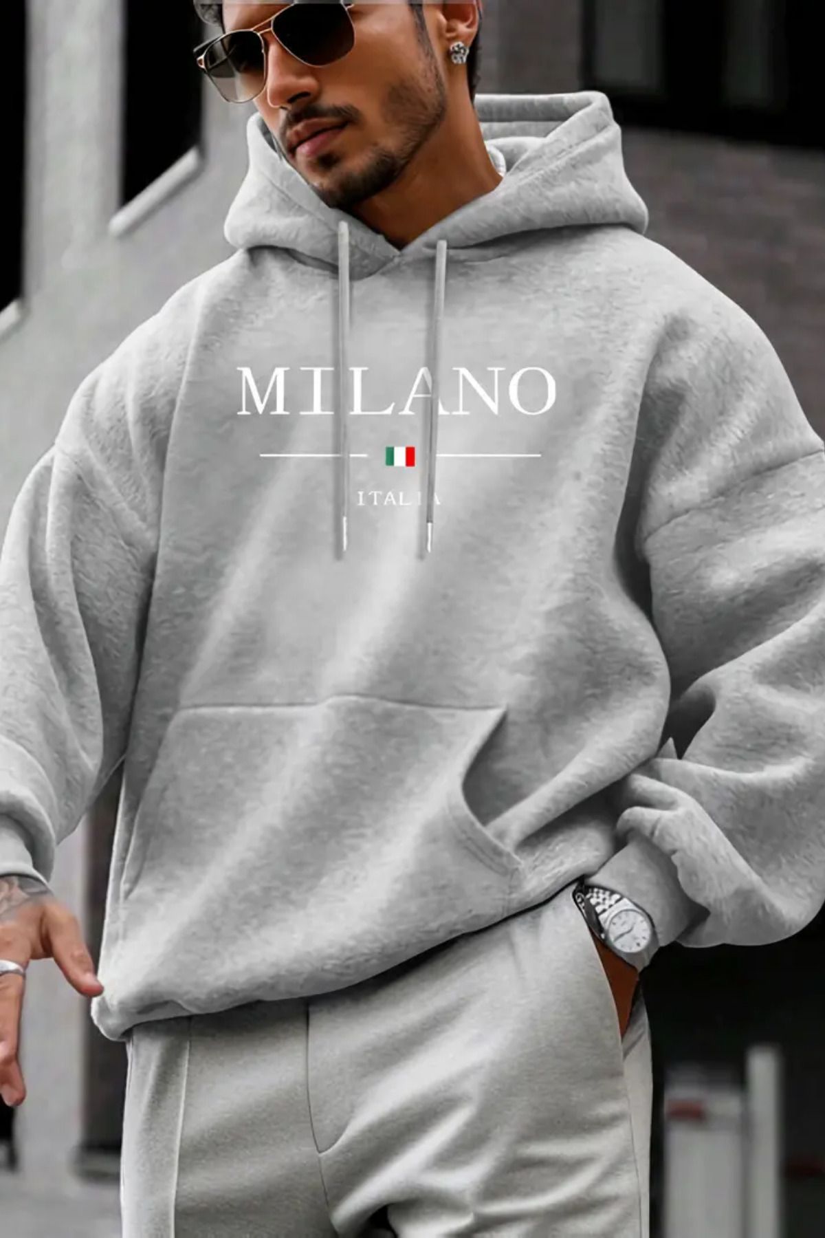 GBRO Unisex Milano Baskılı Üç İplik Kapşonlu Oversize Swatshirt