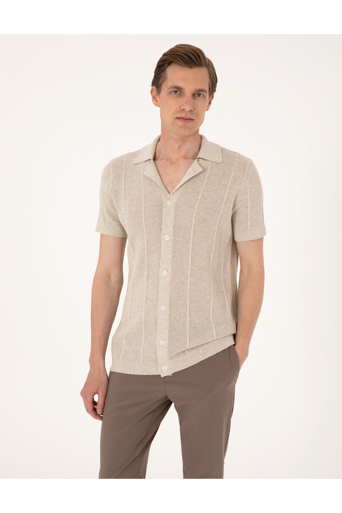 Pierre Cardin Bej Slim Fit Kısa Kollu Düğmeli Triko Hırka 50305993-VR011