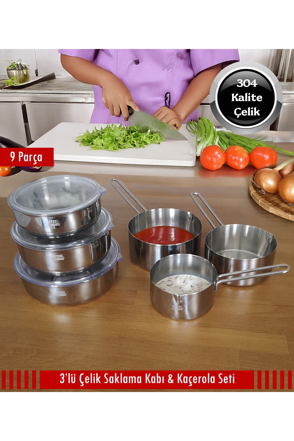 Stell&More Çelik 3'lü Saklama Kabı ve 3'lü Kaçerola 9 Parça Set