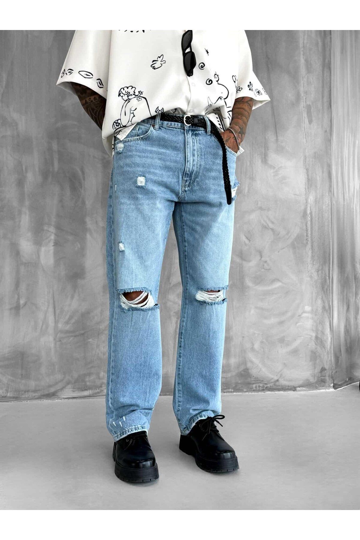 ablukaonline Erkek Yırtık Detaylı Baggy Fit Jean Açık Mavi