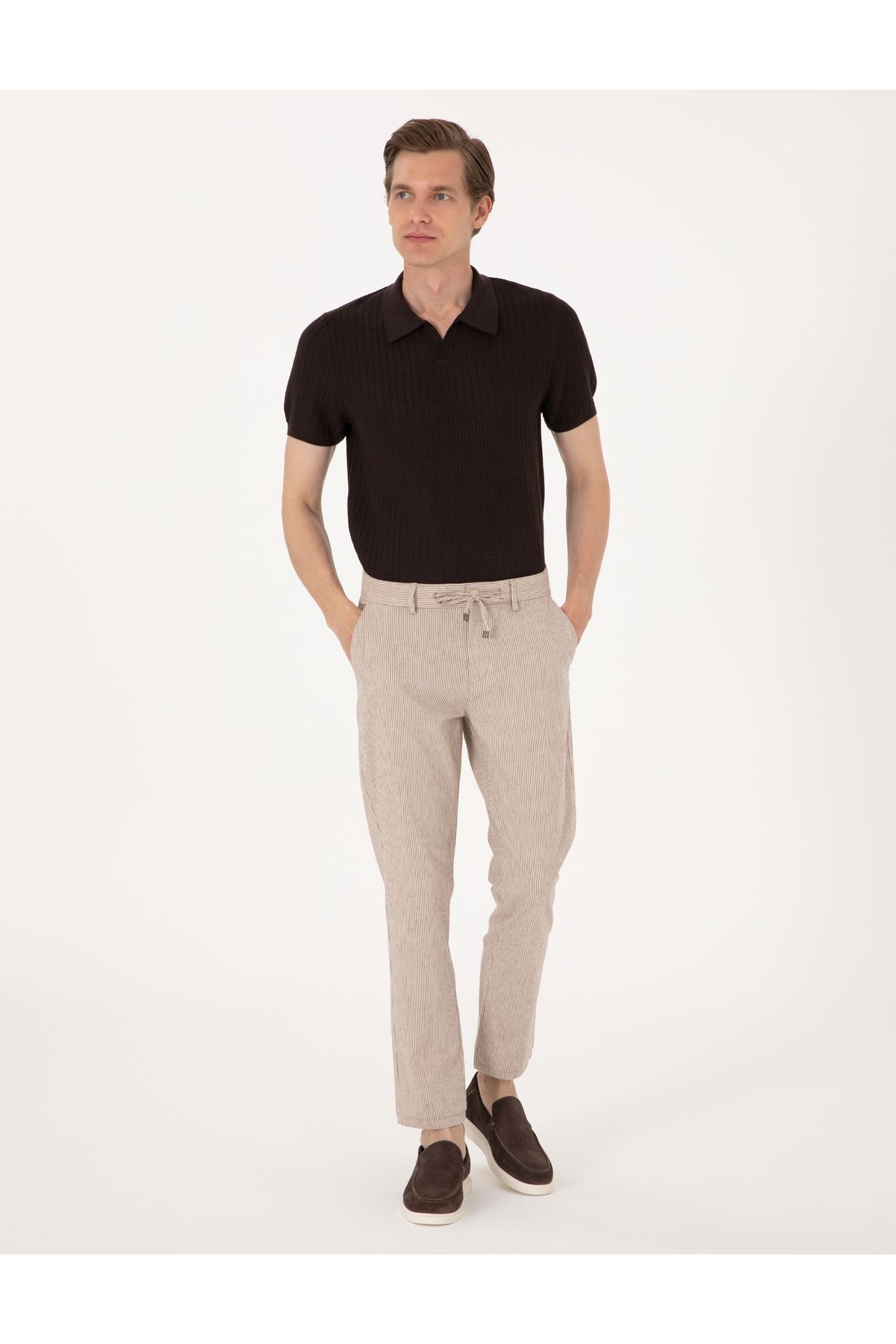 Pierre Cardin Bej Slim Fit Keten Karışımlı Beli İpli Çizgili Kanvas Pantolon 50301775-VR011