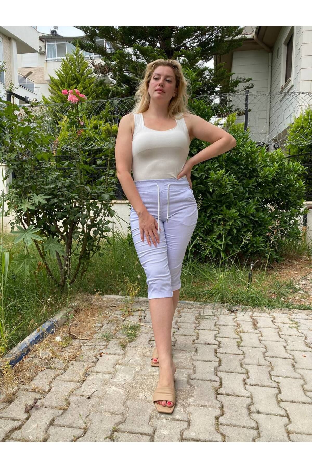 AKŞEN GİYİM BÜYÜK BEDEN FULL LİKRALI YÜKSEK LASTİK BELİ BAĞCIKLI 4 CEPLİ BERMUDA İNCE PAMUKLU KETEN KAPRİ