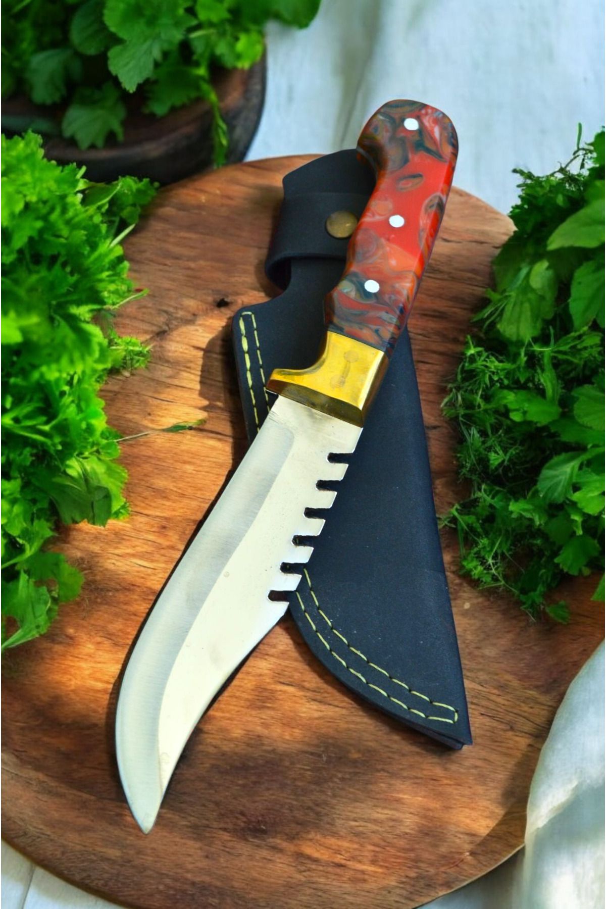 MERTCAN KNİFE 27 cm epoksi kabze pirinç önlüklü outdoor av ve kamp bıçağı mutfak bıçağı çakı kasap et bıçağı
