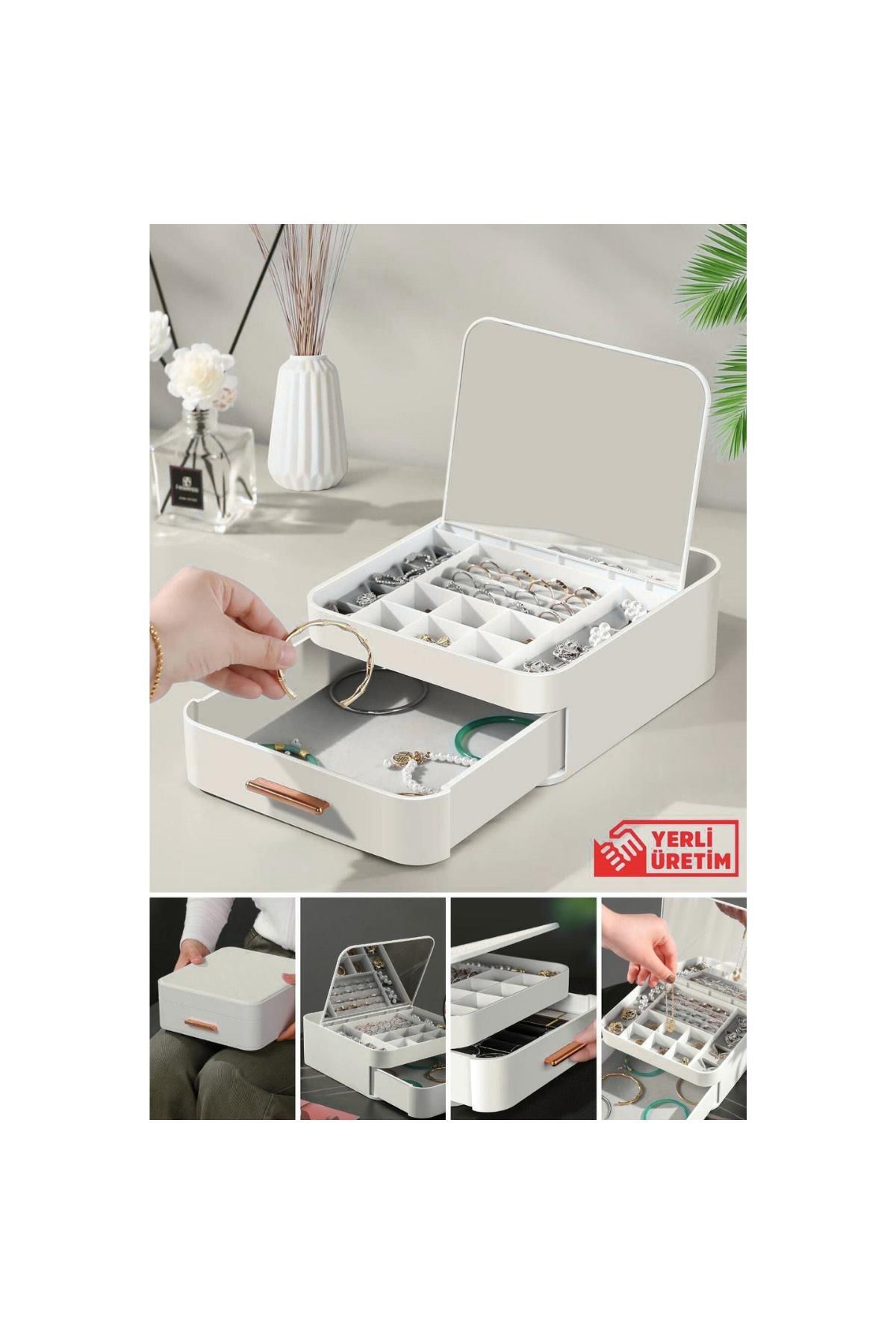 Urve Plastik Urve House Çekmeceli Aynalı Çok Bölmeli Makyaj Takı Organizer Krem UR-3438