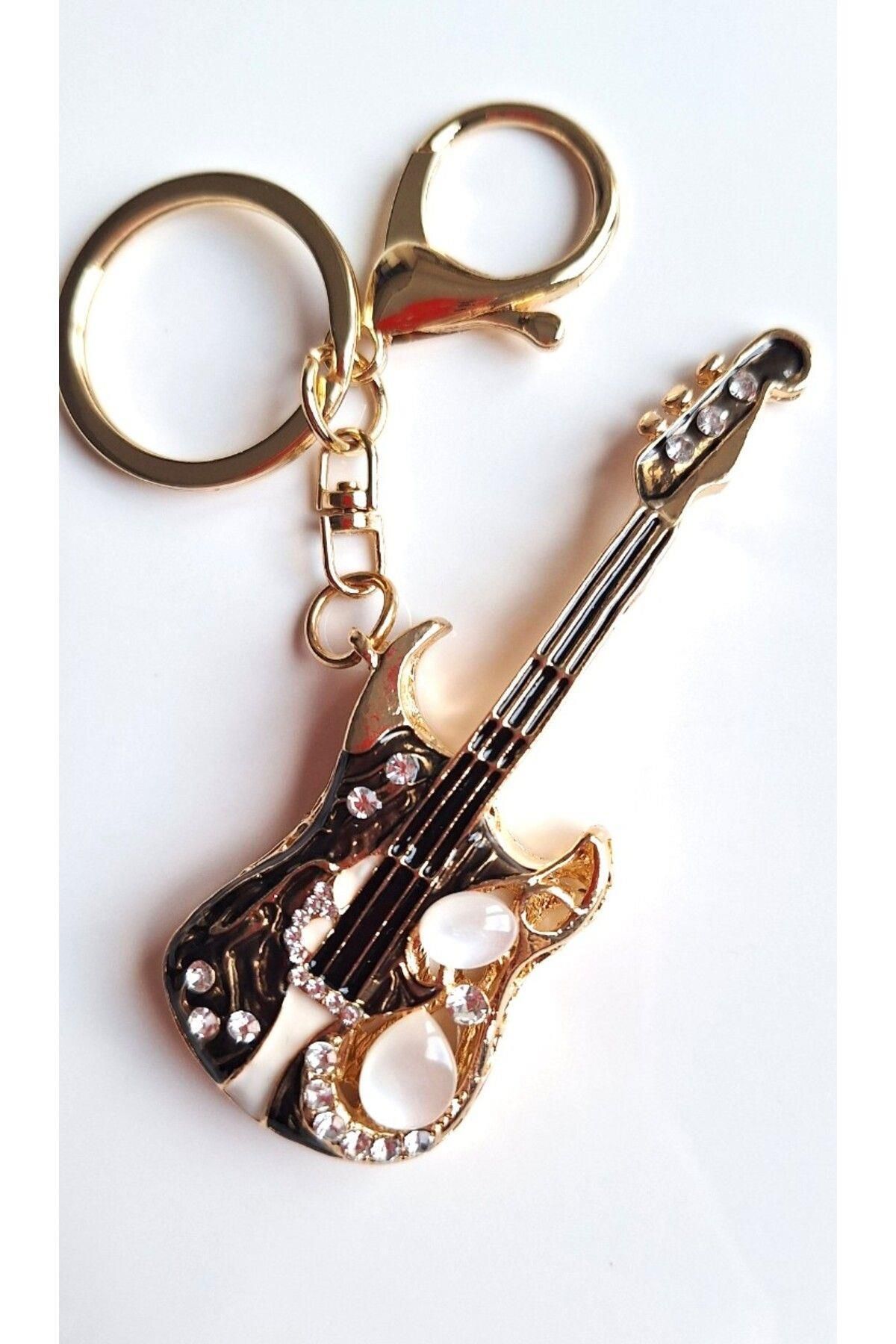 Svc Aksesuar Lüks Hediyelik Zirkon Taşlı Büyük Boy Gitar Anahtarlık - Çanta Süsü 10 Cm