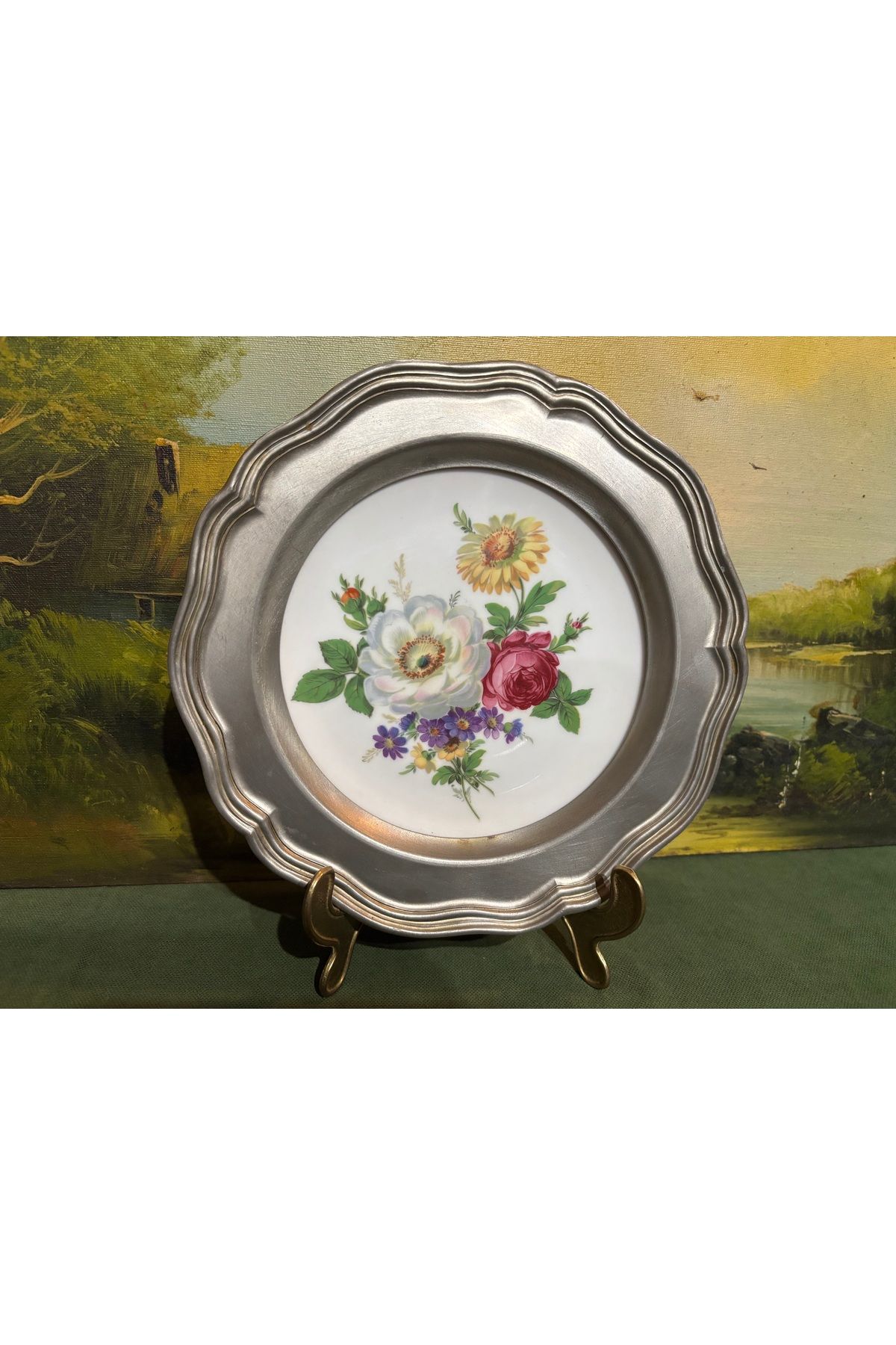 tayfuntufan antika koleksiyon schwarzenhammer pirzellan zin çarçeveli porselen duvar tabağı - 23 cm çapında