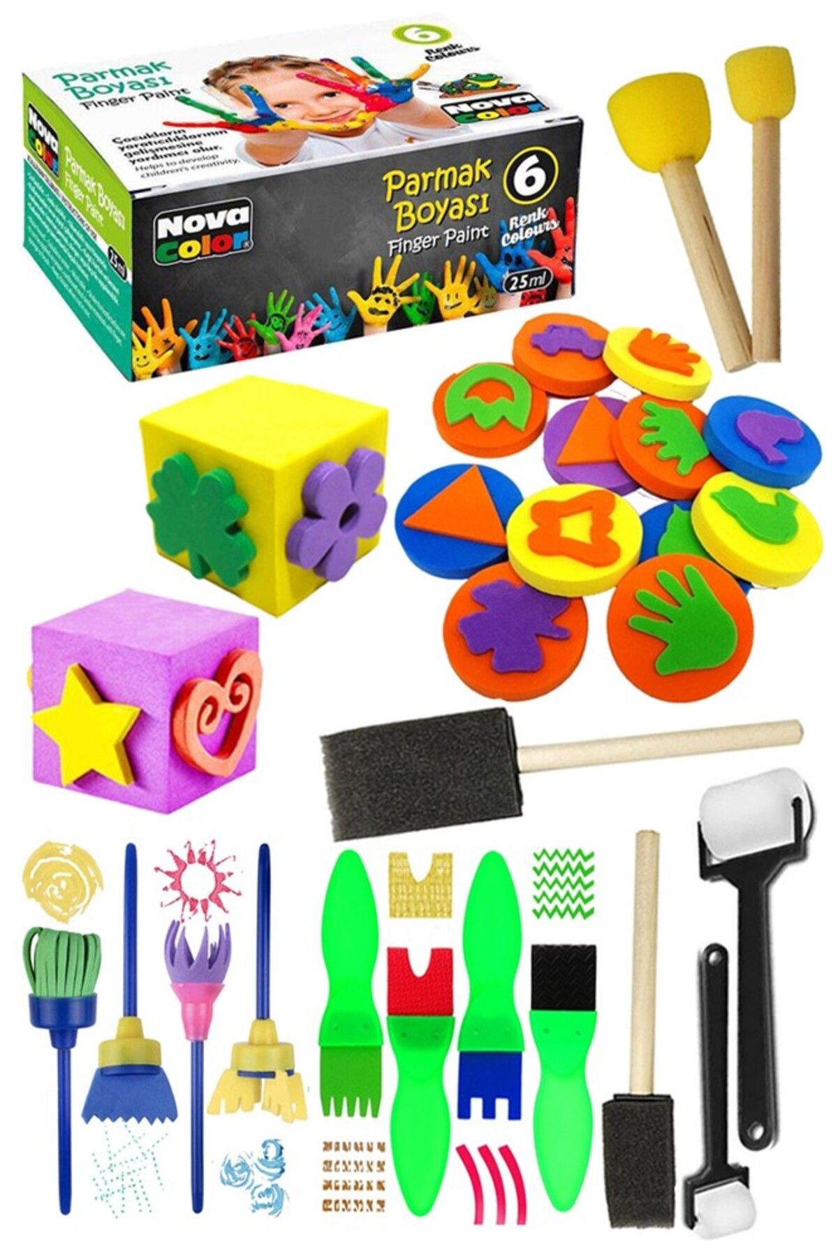 Artlantis Parmak Boyası 6 Renk Nova Color Sünger Eva Baskı Damga Spatula Rulo Kesik Sünger Eva Okul Öncesi Etk