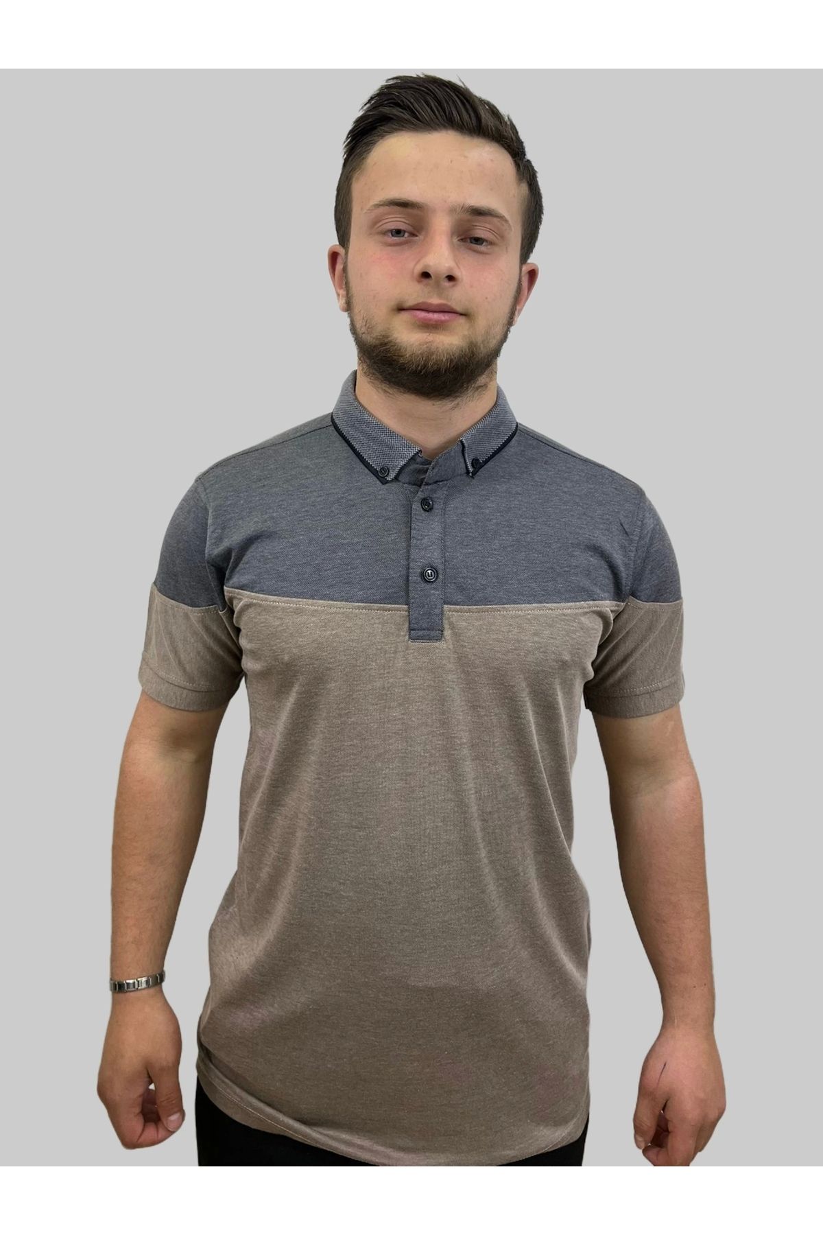 daniel milano Erkek Gnsn Parçalı Polo Yaka Düğmeli Füme-Vizon Tişört