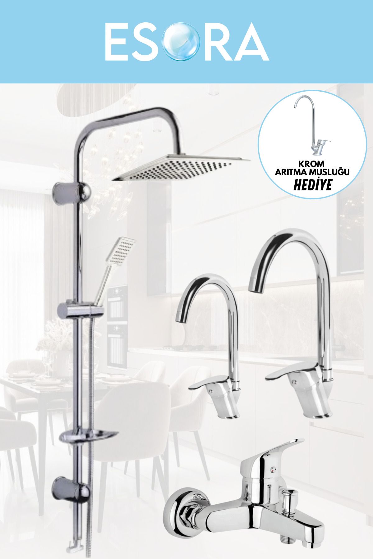 ESORA Dubai Robot Duş Sistemi, Baston Lavabo & Mutfak ve Banyo Bataryası Set (Arıtma Musluğu Hediye)