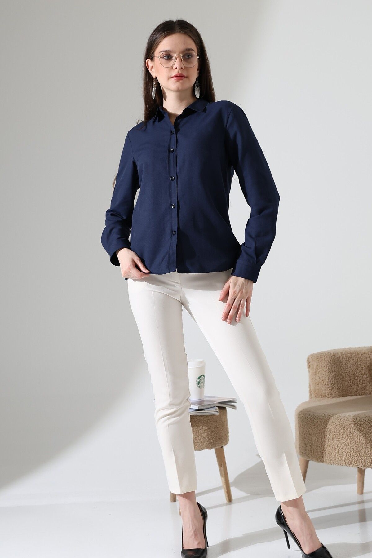 GÖMLEKÇİNİZ Şamre Kumaş Slim Fit Lacivert Renk Klasik Kadın Gömlek
