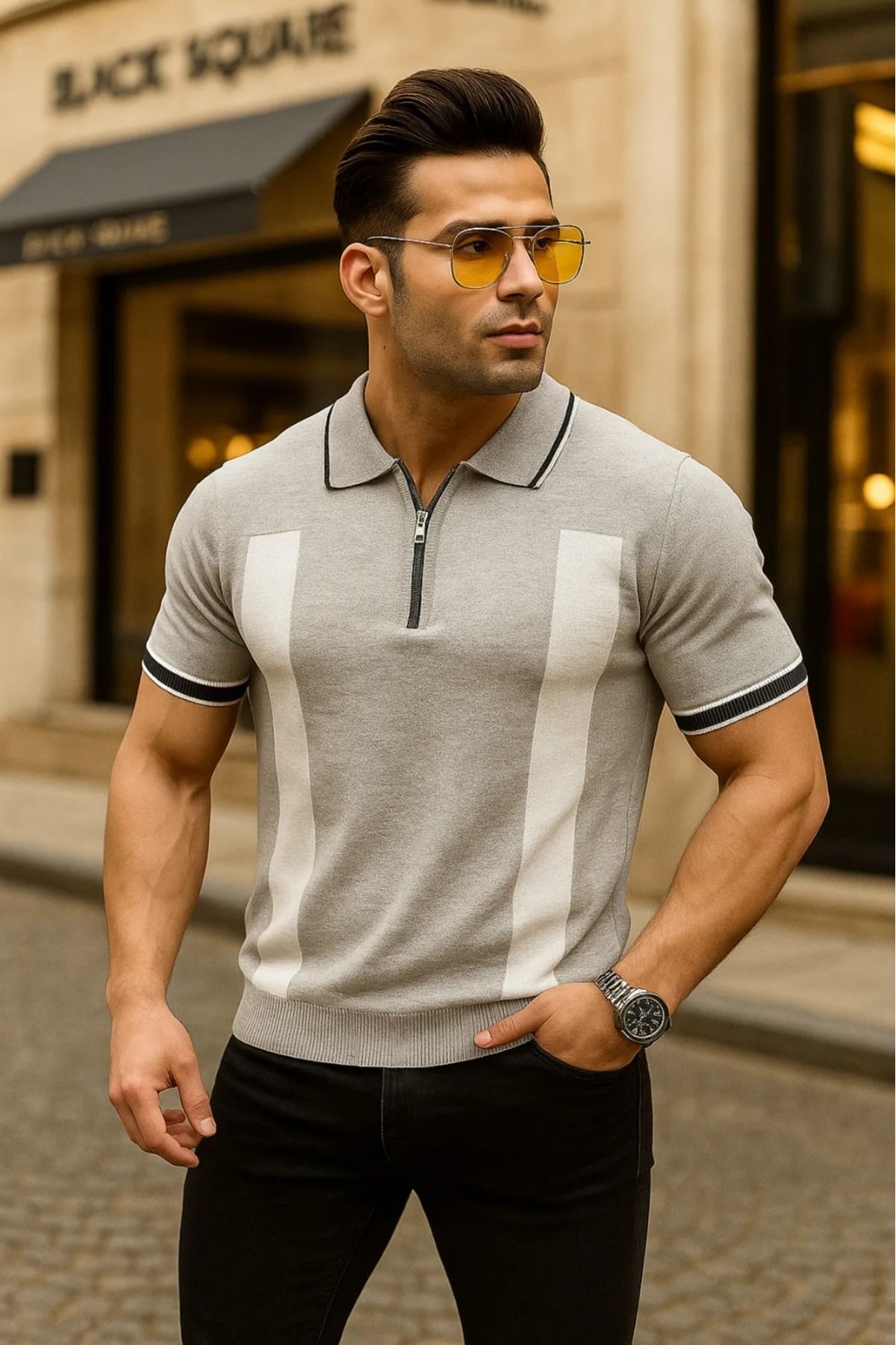LC Waikiki Polo Yaka Şık Tasarım Fermuarlı Desenli Kısa Kollu Erkek Yazlık Triko Tişört / T-shirt