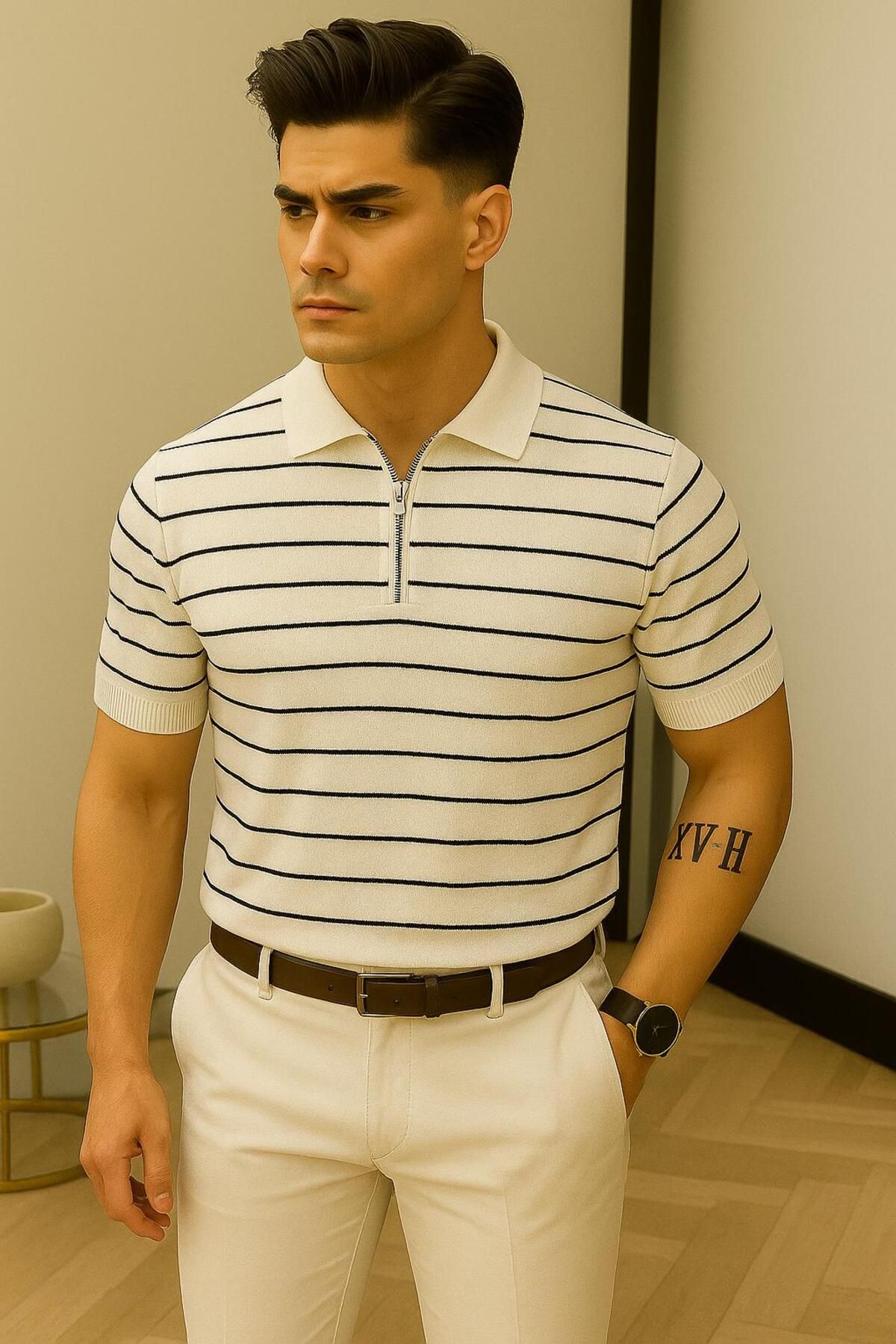 LC Waikiki Polo Yaka Şık Tasarım Fermuarlı Çizgili Kısa Kollu Erkek Yazlık Triko Tişört / T-shirt