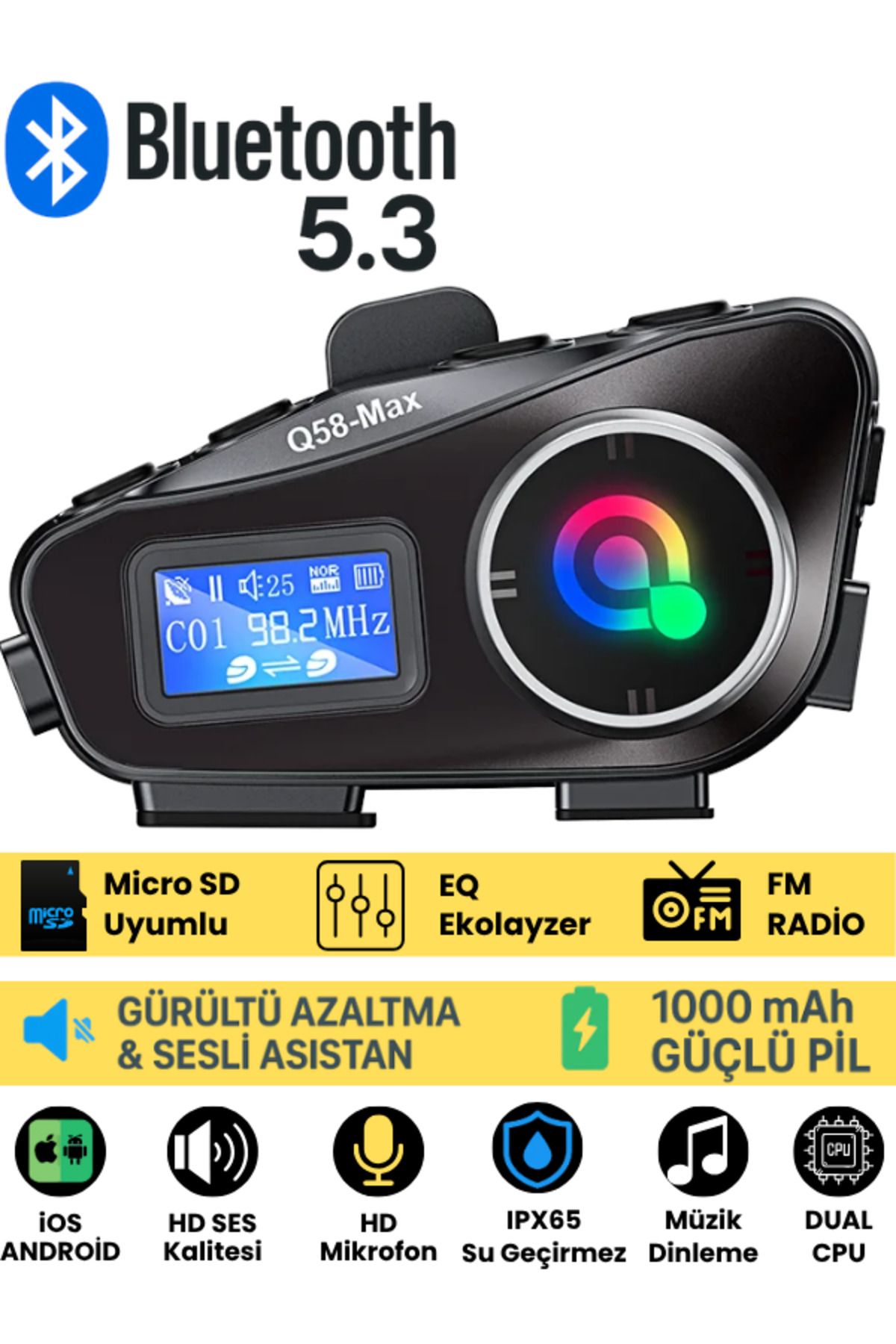 SONREİR Q58 Max Motosiklet Kask Kulaklık İnterkom Bluetooth FM Radyo SD Kart Destekli EQ Özellikli İntercom