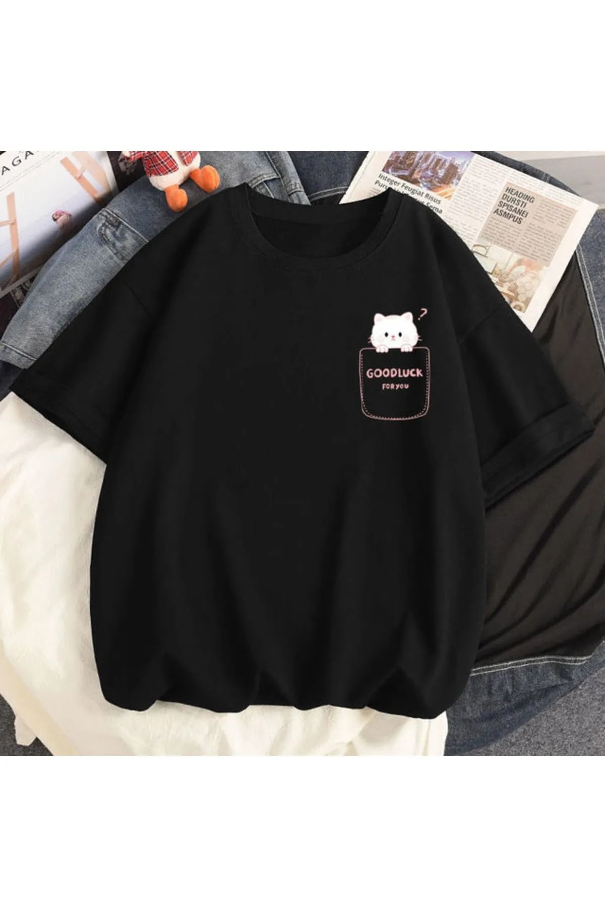 DAXİS Sportwear Company KADIN Kedi Baskılı Bisiklet Yaka Tişört