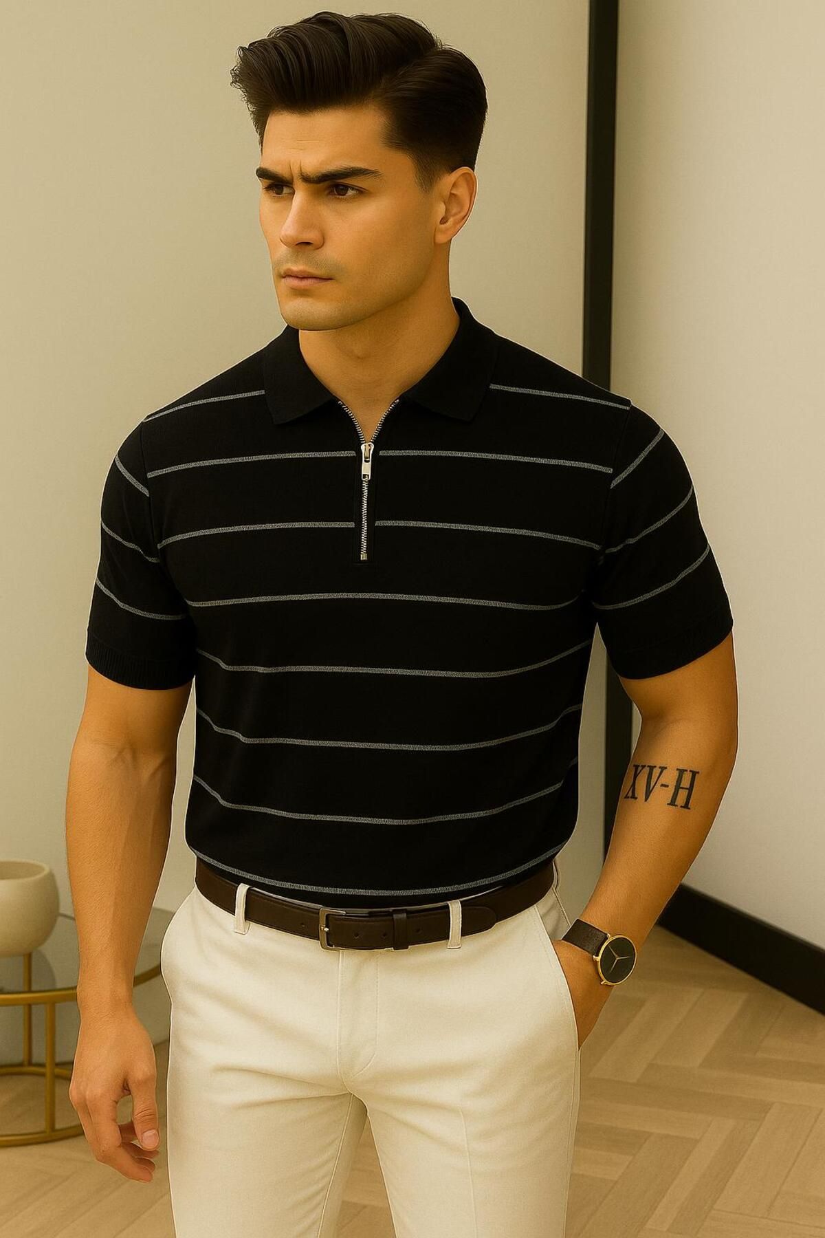 LC Waikiki Polo Yaka Şık Tasarım Fermuarlı Çizgili Kısa Kollu Erkek Yazlık Triko Tişört / T-shirt
