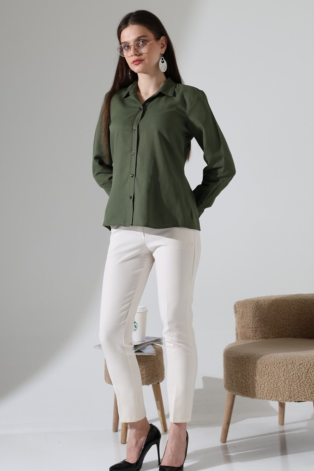 GÖMLEKÇİNİZ Haki Renk Şamre Kumaş Slim Fit Klasik Kadın Gömlek