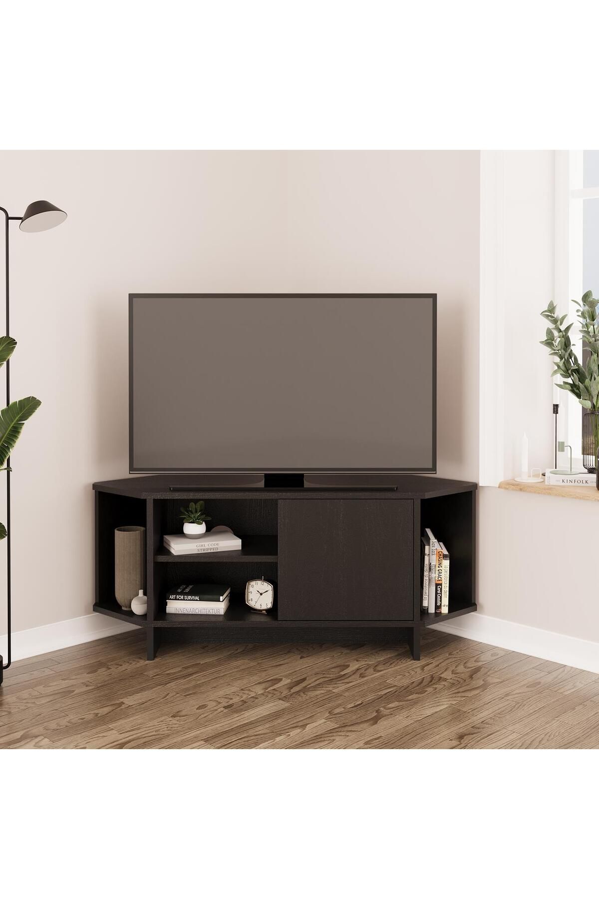 Bimossa TEO B1330 Köşe TV Ünitesi TV Sehpası – Siyah | Modern Kapaklı 48 inç