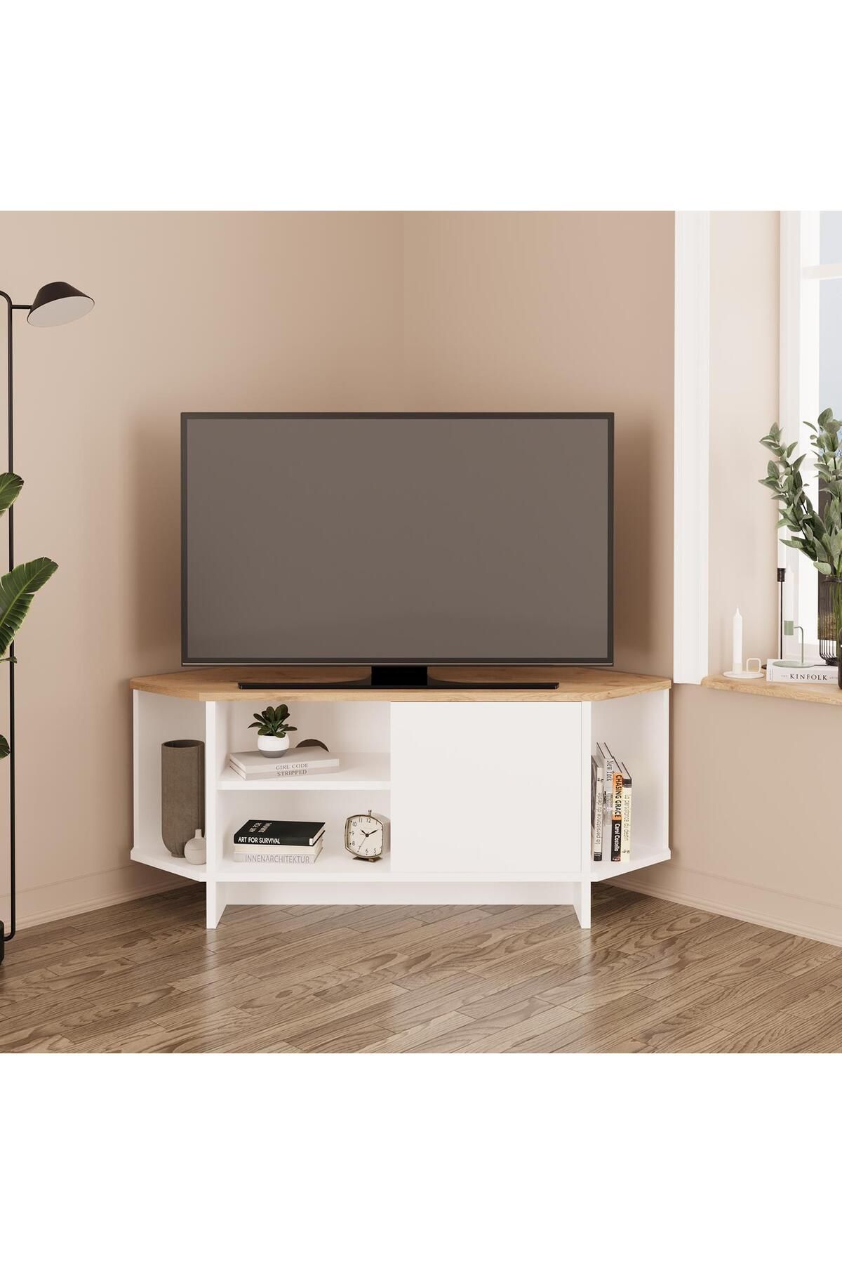 Bimossa B1350 TEO Köşe TV Sehpası Ünitesi – Ahşap Sepet & Beyaz | 48 inç Uyumlu